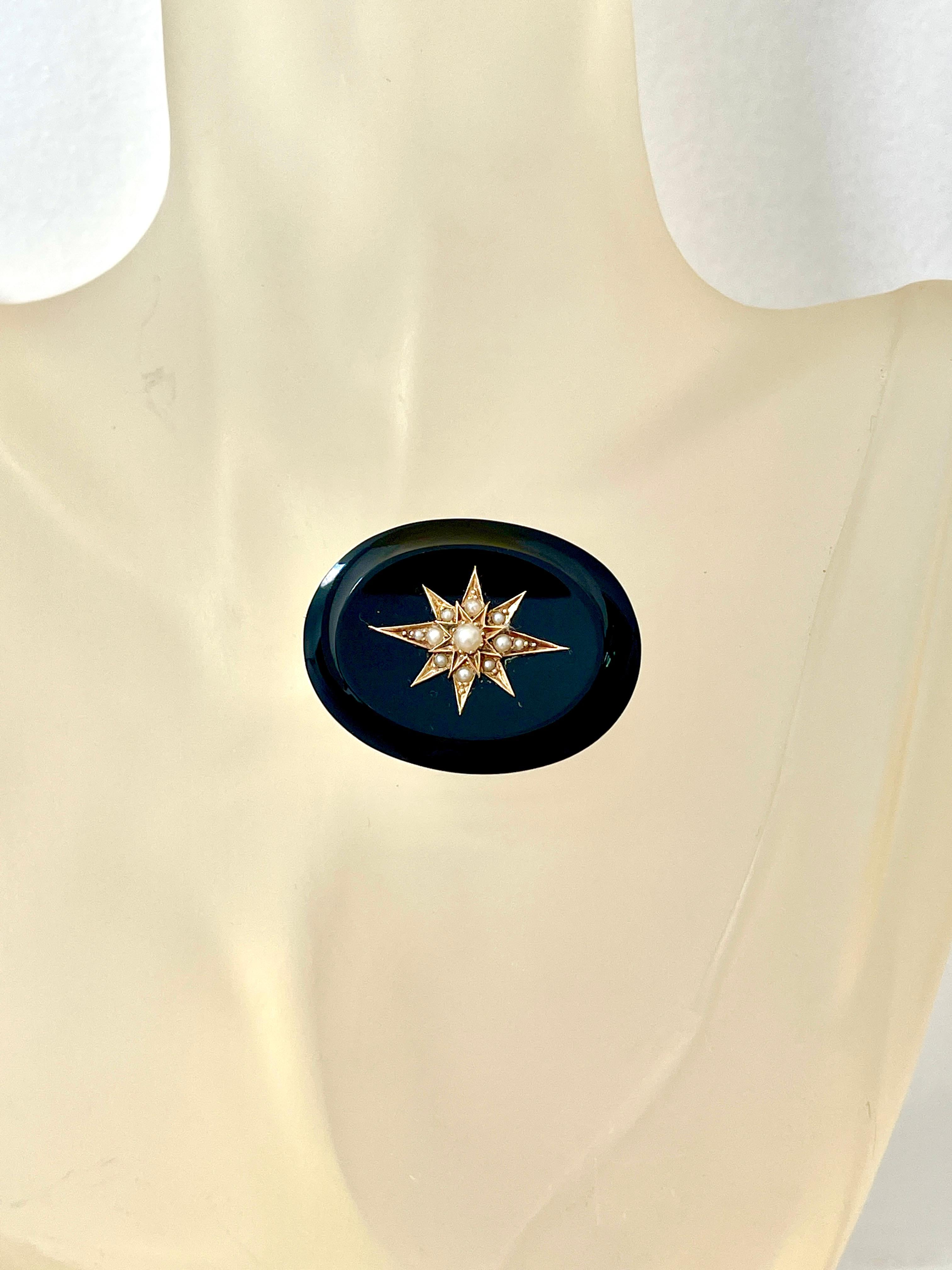 Antique Victorian Natural Onyx Pearl Starburst Mourning Brooch 15ct Rose Gold For Sale 7