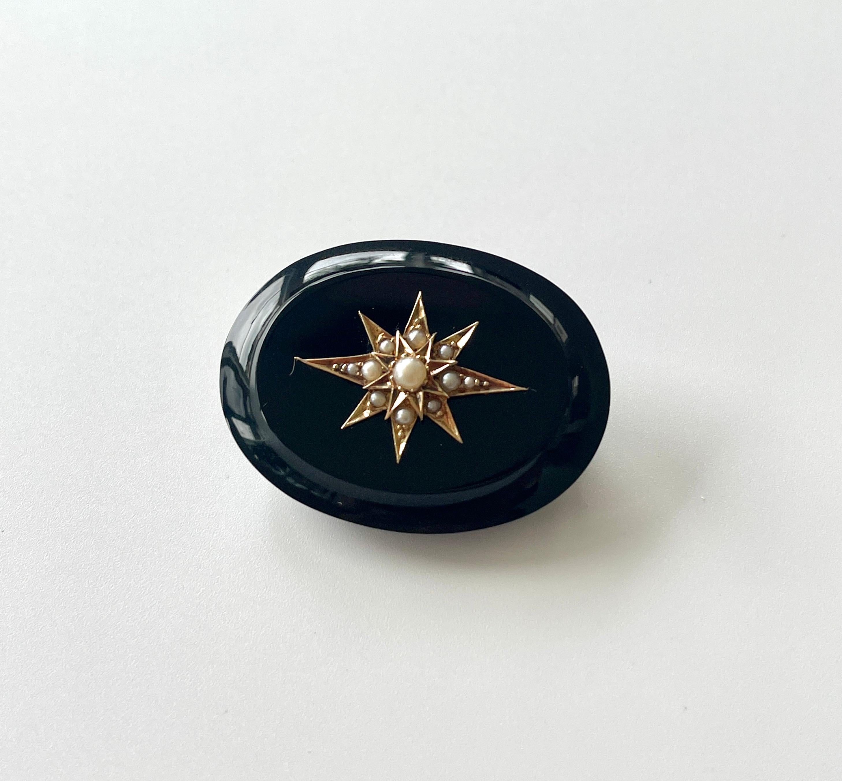 Antique Victorian Natural Onyx Pearl Starburst Mourning Brooch 15ct Rose Gold  For Sale 8