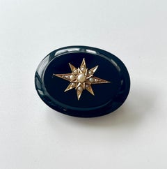 Antique Victorian Natural Onyx Pearl Starburst Mourning Brooch 15ct Rose Gold