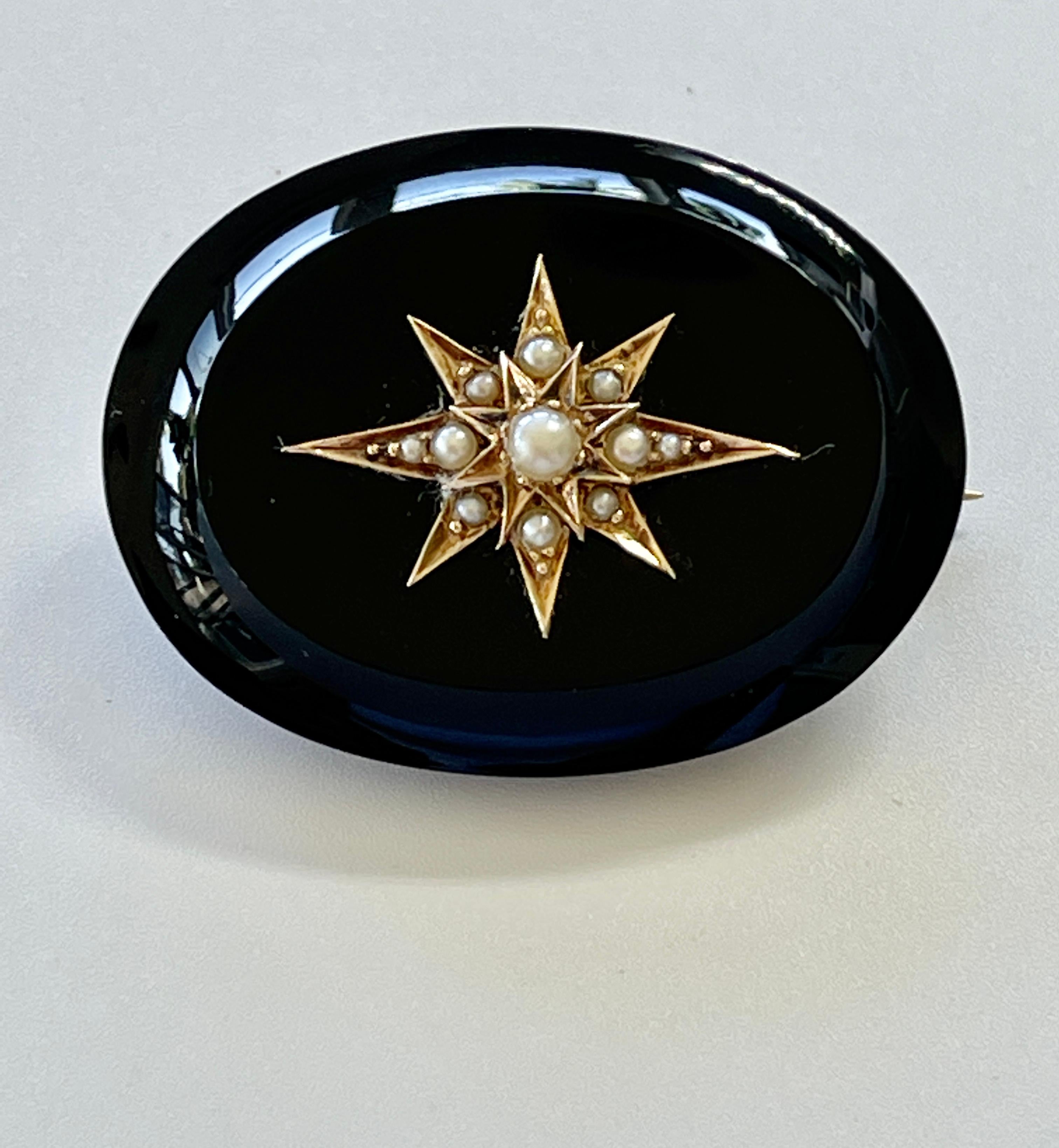 Uncut Antique Victorian Natural Onyx Pearl Starburst Mourning Brooch 15ct Rose Gold For Sale