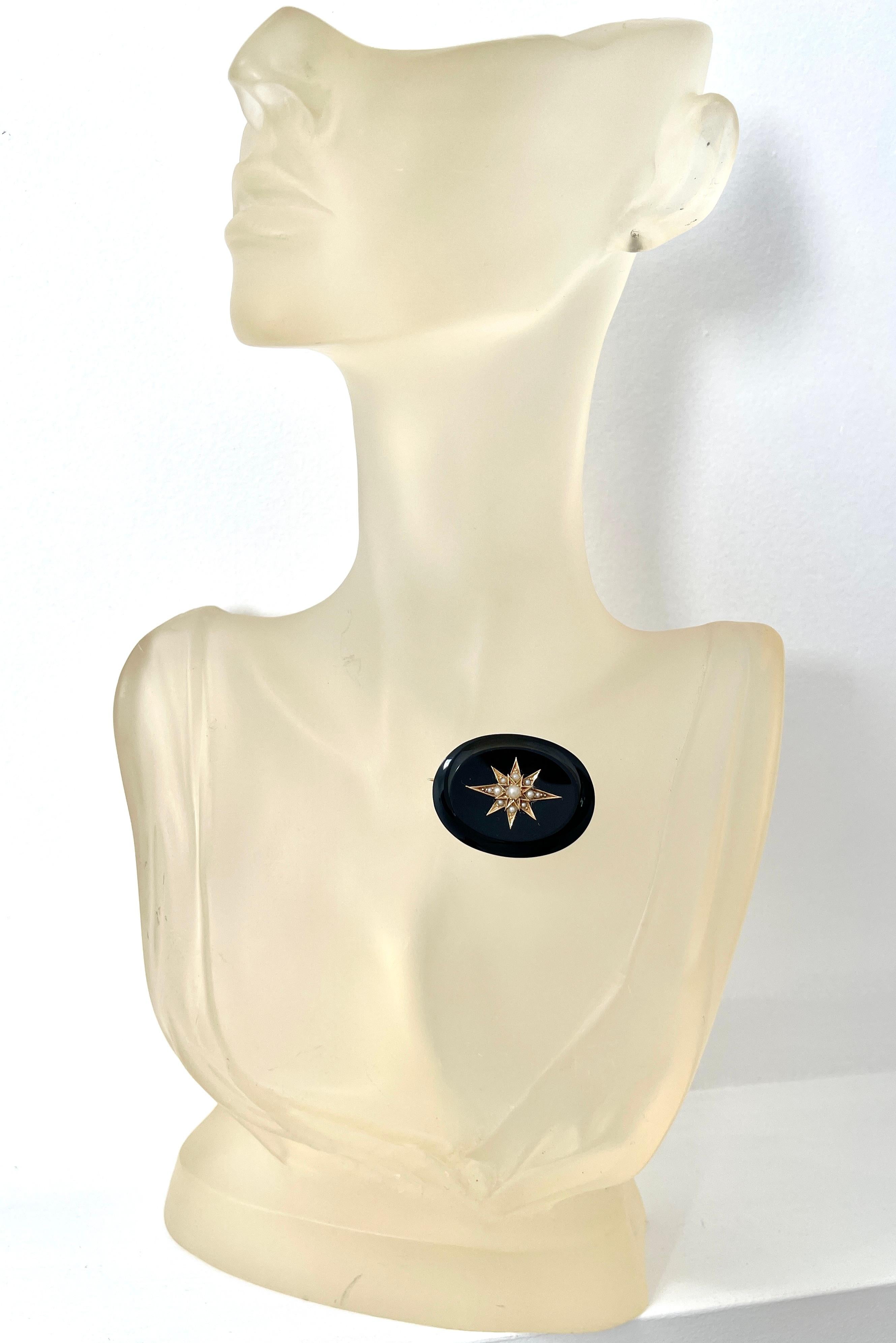 Antique Victorian Natural Onyx Pearl Starburst Mourning Brooch 15ct Rose Gold For Sale 1