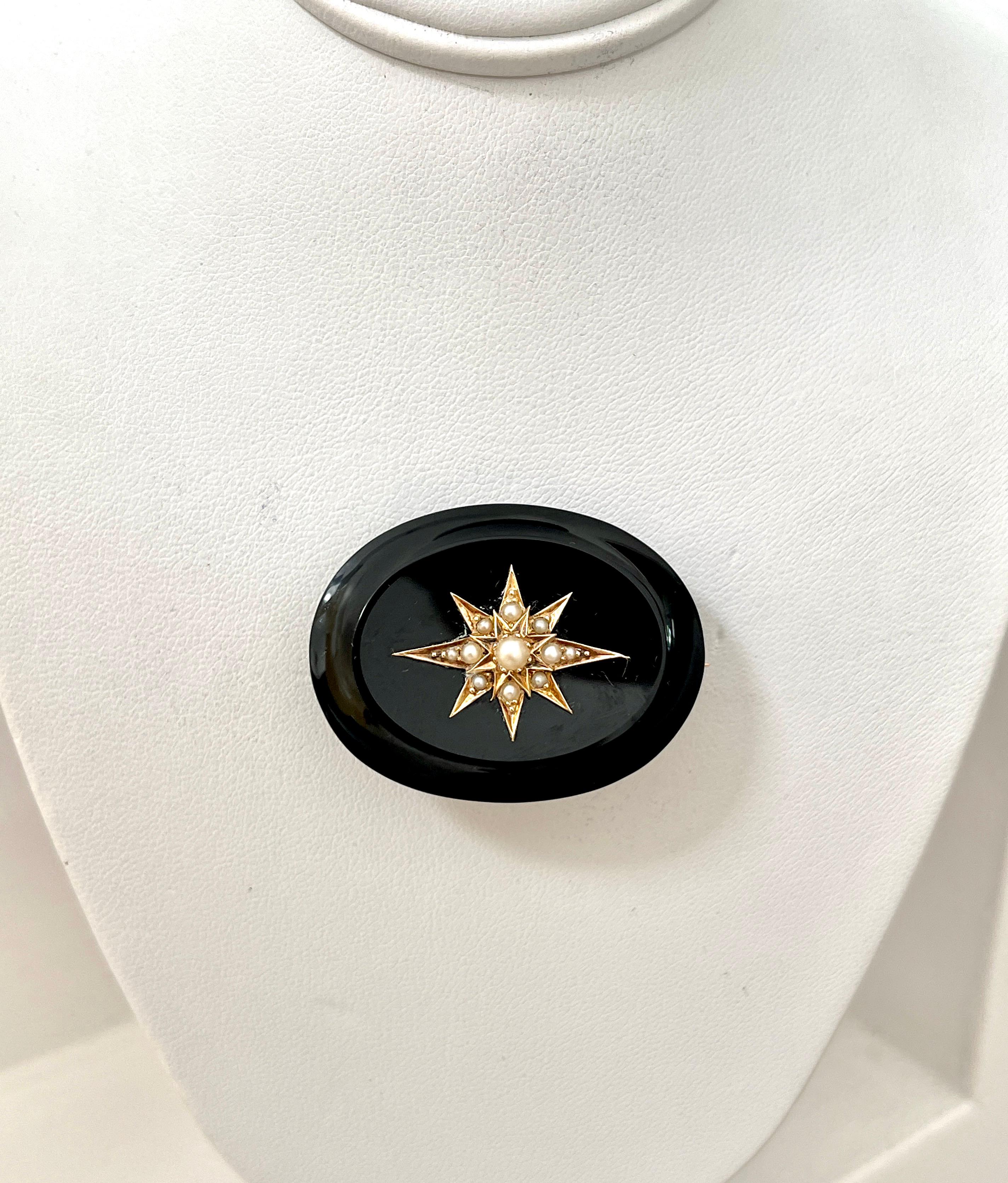 Antique Victorian Natural Onyx Pearl Starburst Mourning Brooch 15ct Rose Gold  For Sale 2
