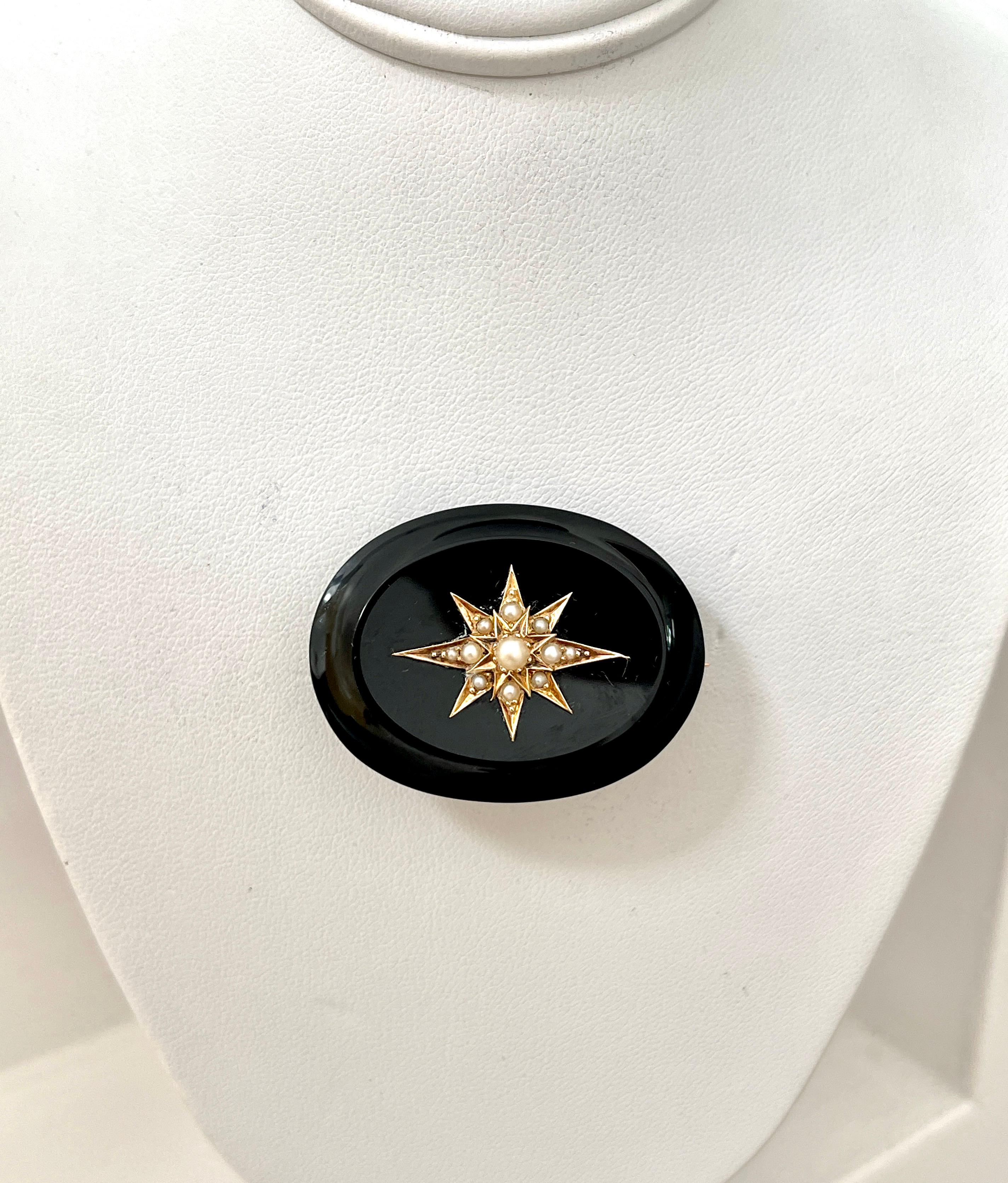 Antique Victorian Natural Onyx Pearl Starburst Mourning Brooch 15ct Rose Gold For Sale 2