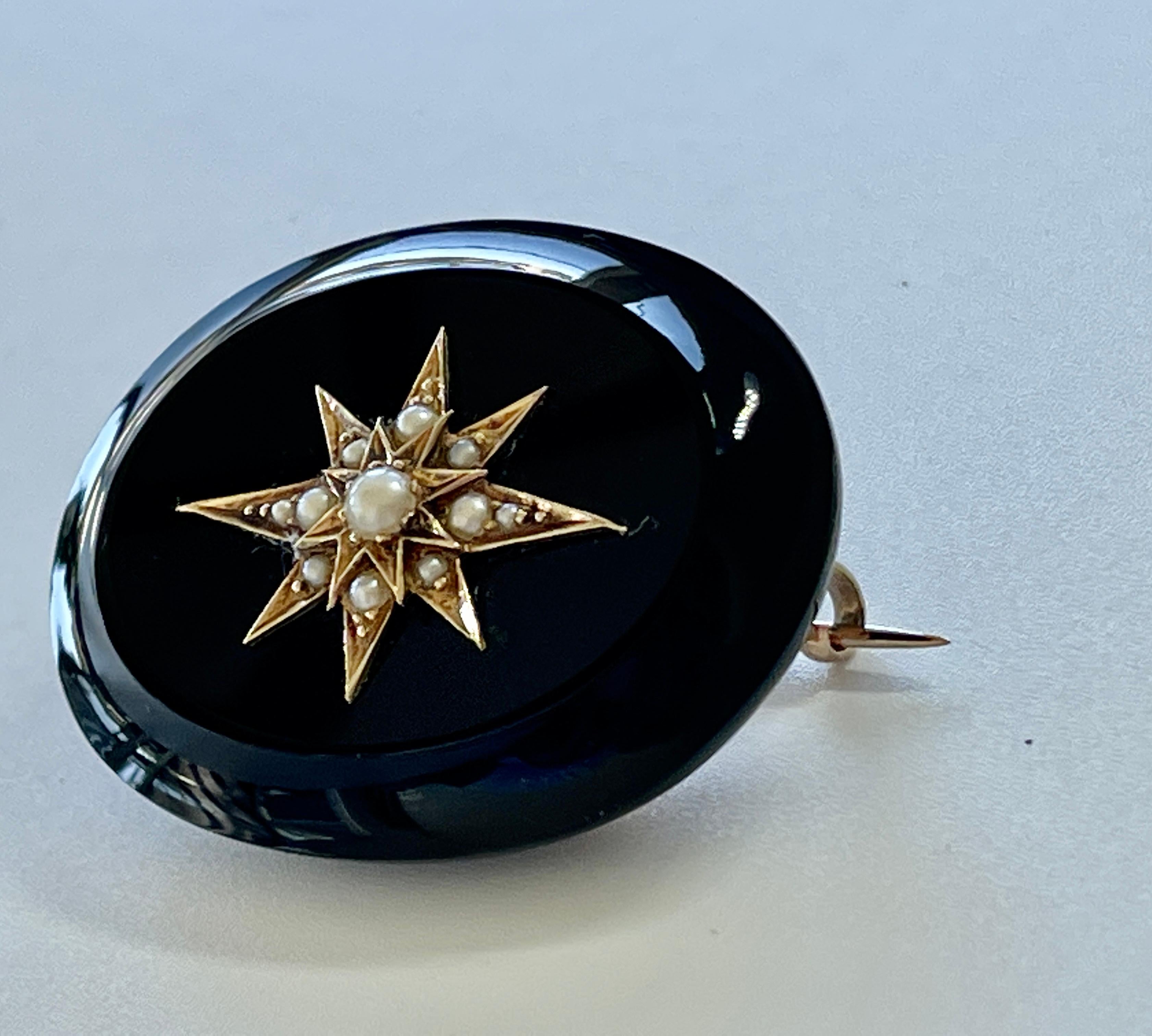 Antique Victorian Natural Onyx Pearl Starburst Mourning Brooch 15ct Rose Gold For Sale 3