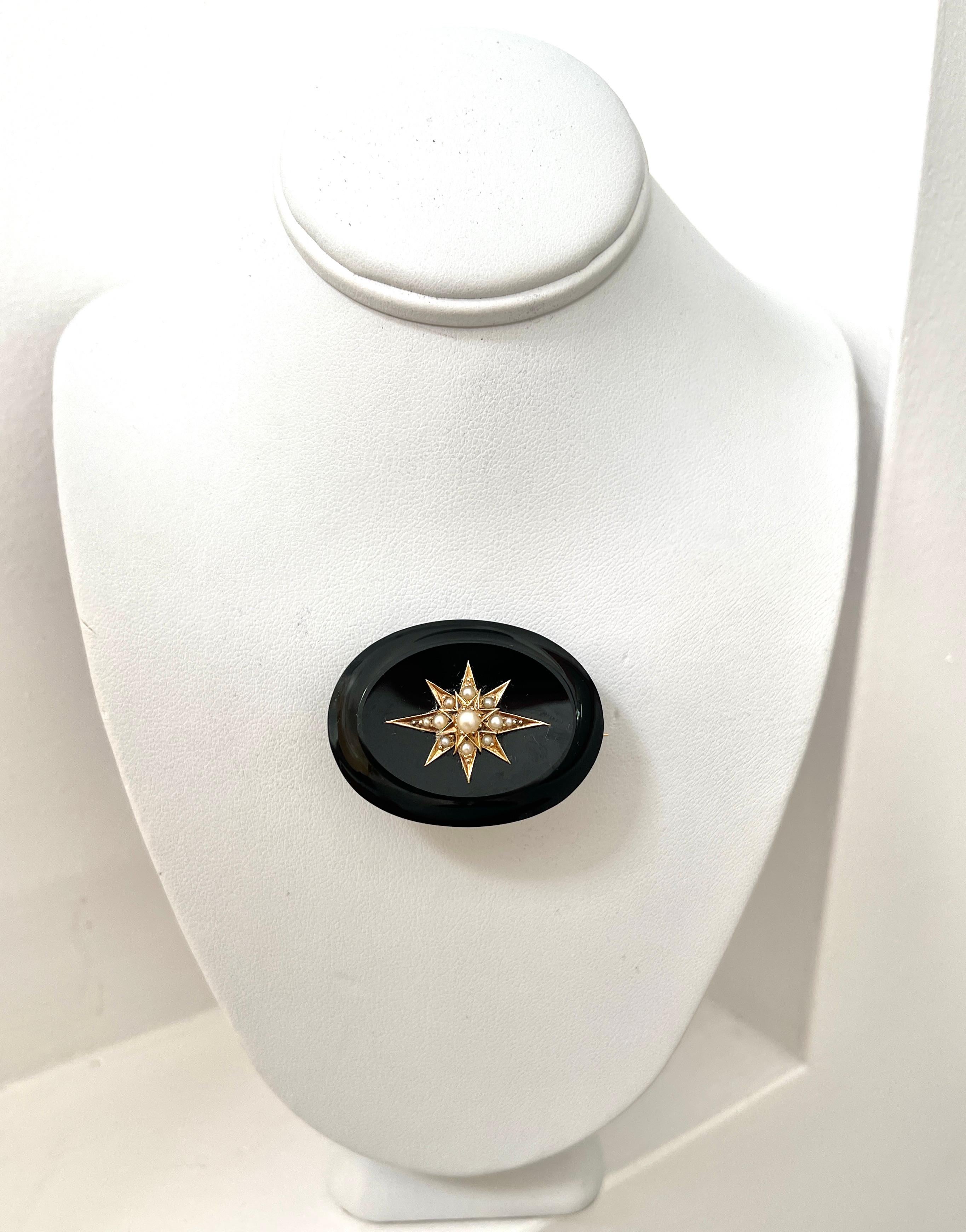 Antique Victorian Natural Onyx Pearl Starburst Mourning Brooch 15ct Rose Gold  For Sale 4