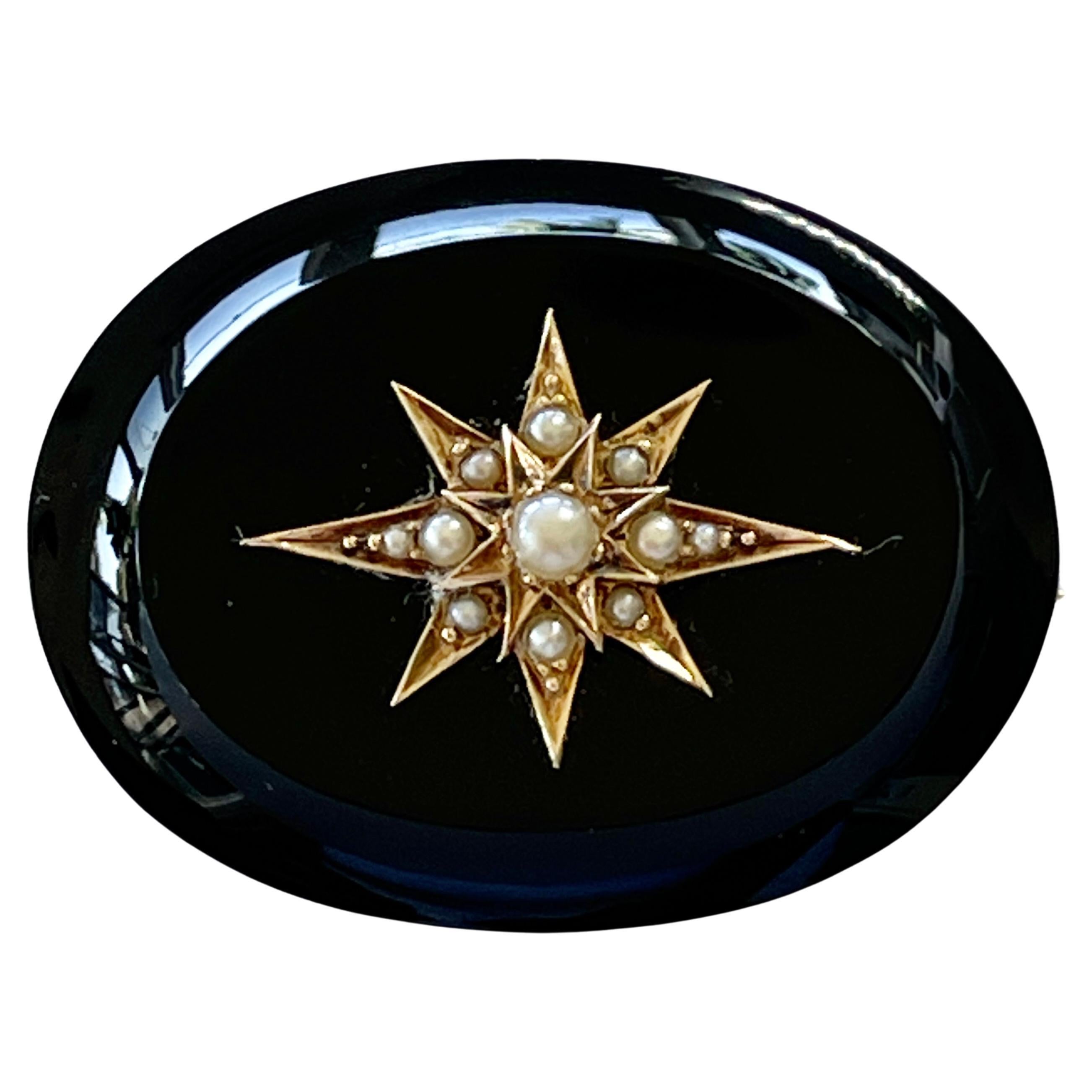 Antique Victorian Natural Onyx Pearl Starburst Mourning Brooch 15ct Rose Gold  For Sale