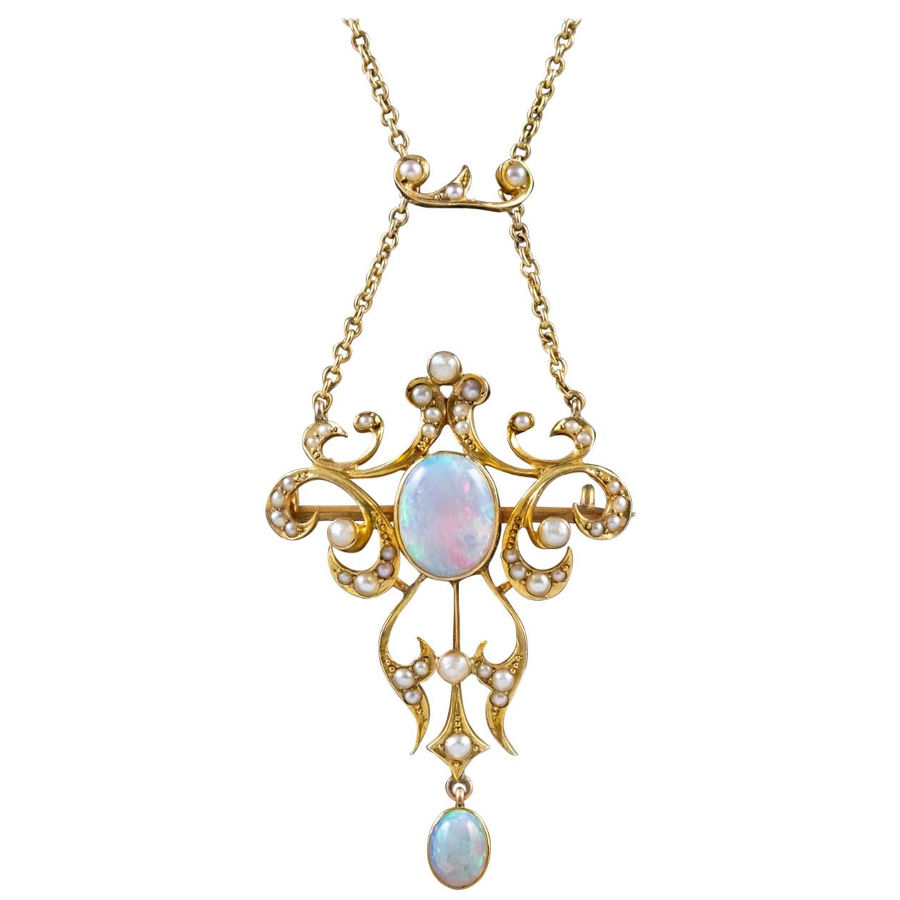 Antique Victorian Natural Opal Pendant Necklace 18 Carat Gold, circa 1880 For Sale