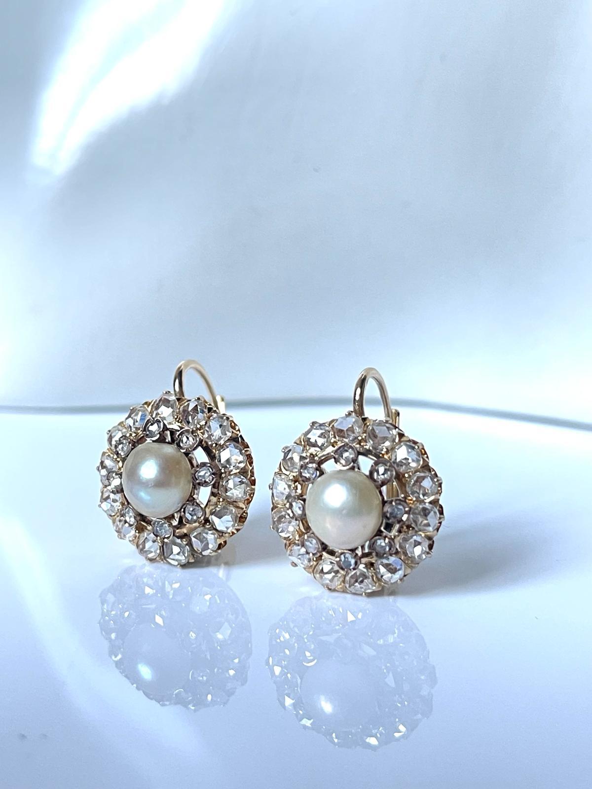 Women's Antique Victorian Natural Pearl and Diamond Cluster Earrings, C 1880 For Sale