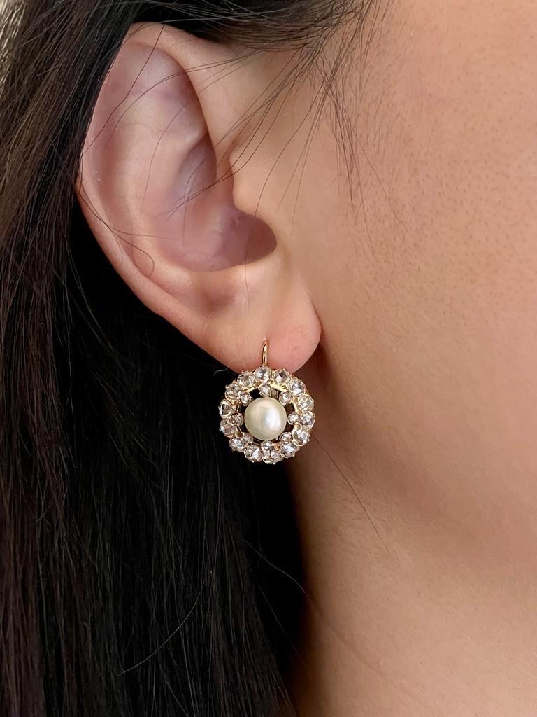 Rose Cut Antique Victorian Natural Pearl and Diamond Cluster Earrings, C 1880 For Sale