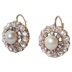 Pendientes Victorianos Antiguos de Perla Natural y Racimo de Diamantes, C 1880