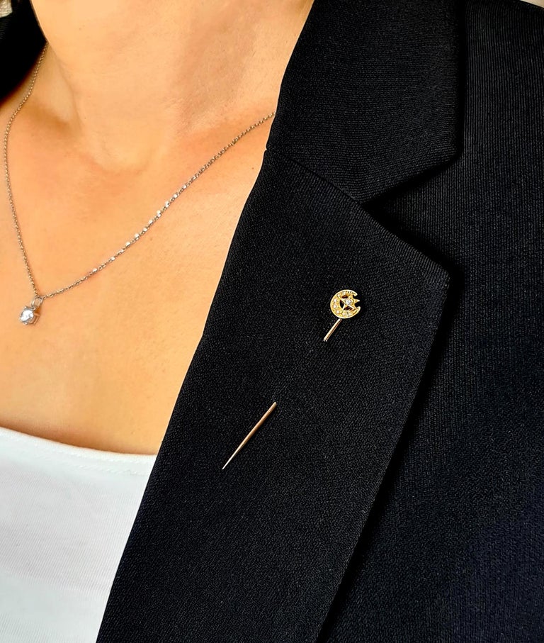 Victorian Natural Pearl and Diamond Crescent Moon and Star Stick/Tie Pin In Excellent Condition For Sale In London, GB