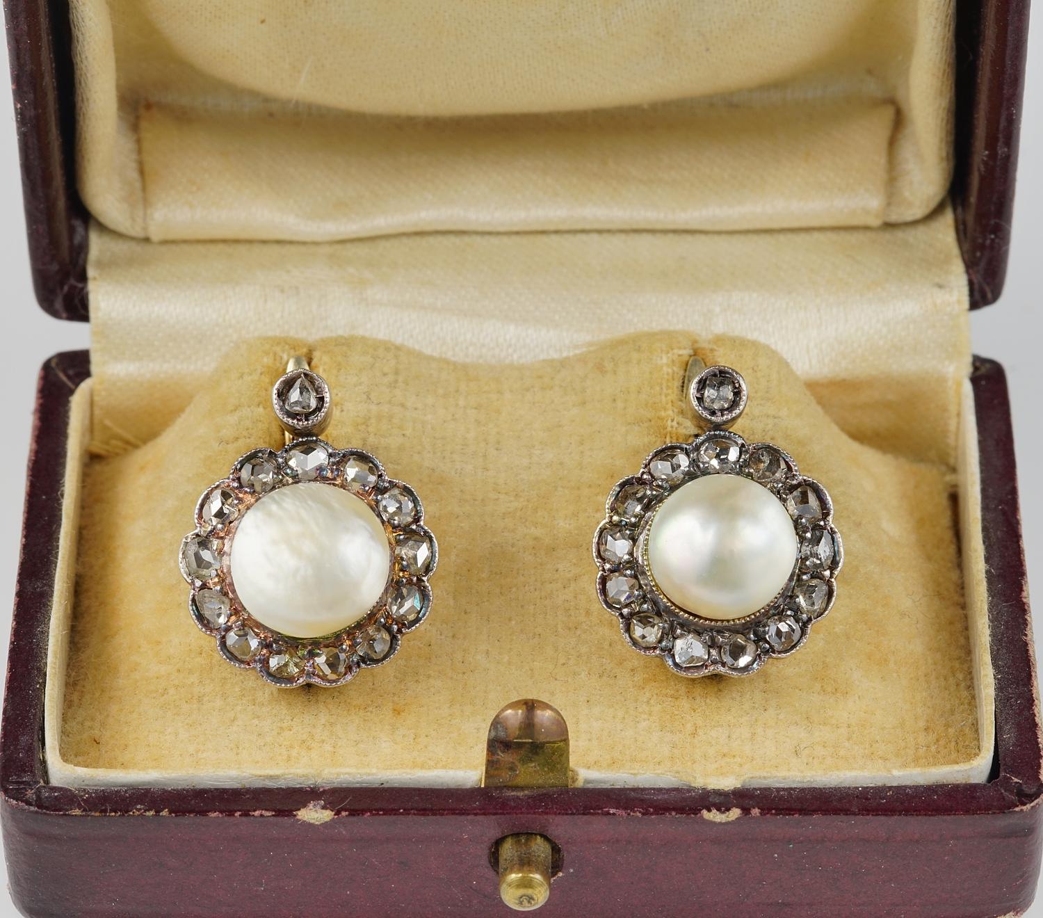 Antique Victorian Natural Pearl Diamond Gold Earrings In Good Condition In Napoli, IT
