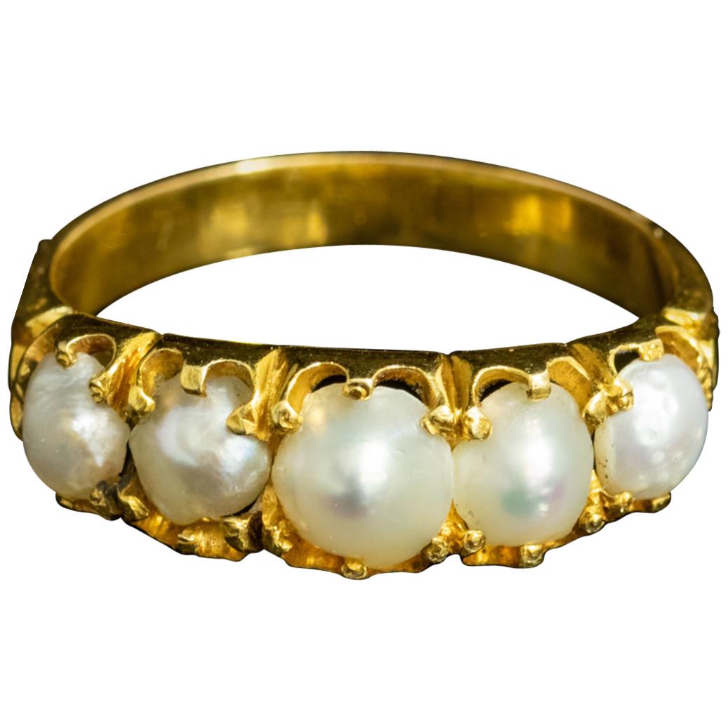 Antique Victorian Natural Pearl Five-Stone Ring 18 Carat Gold, circa 1860 For Sale