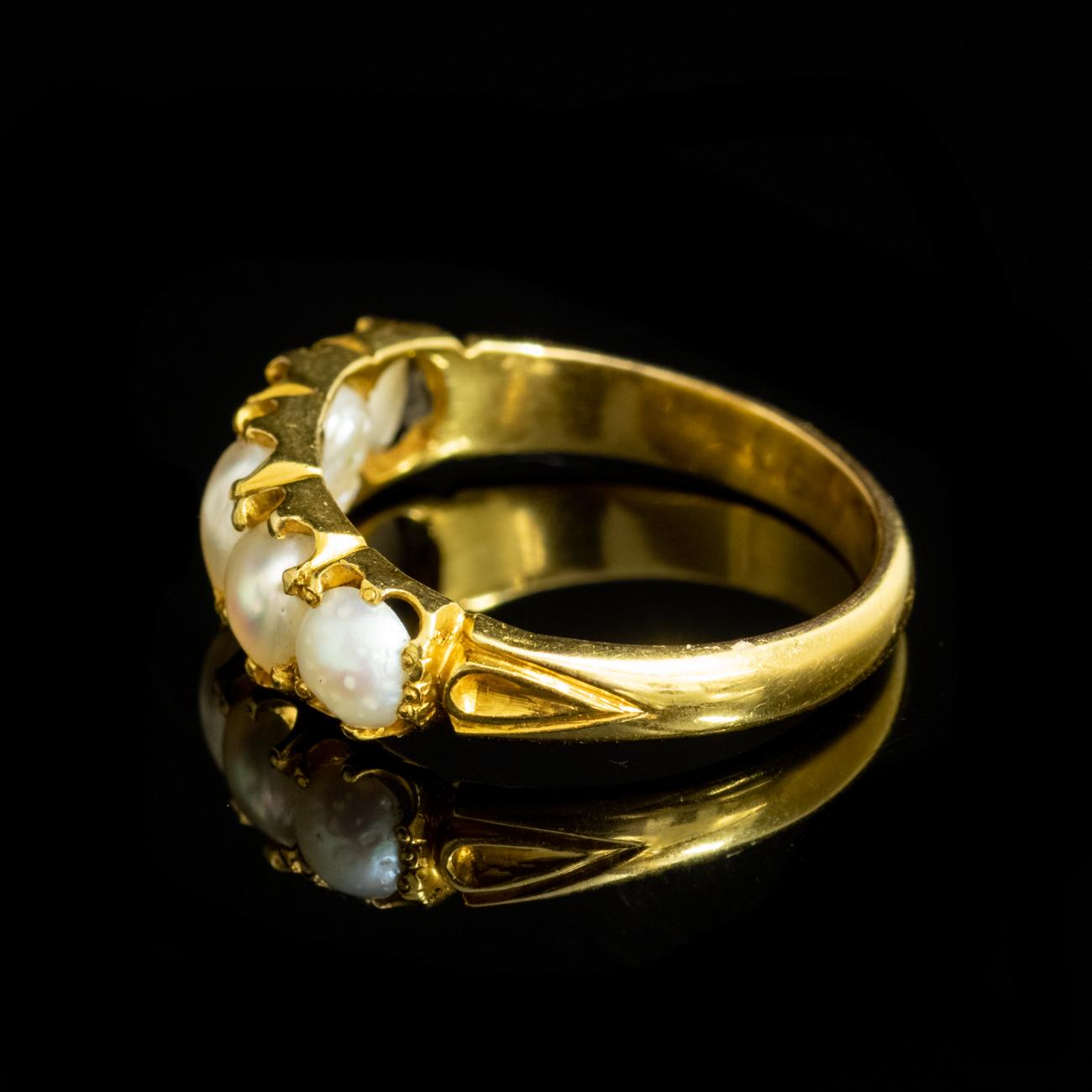 Antique Victorian Natural Pearl Five-Stone Ring 18 Carat Gold, circa 1860 In Good Condition For Sale In Lancaster, Lancashire