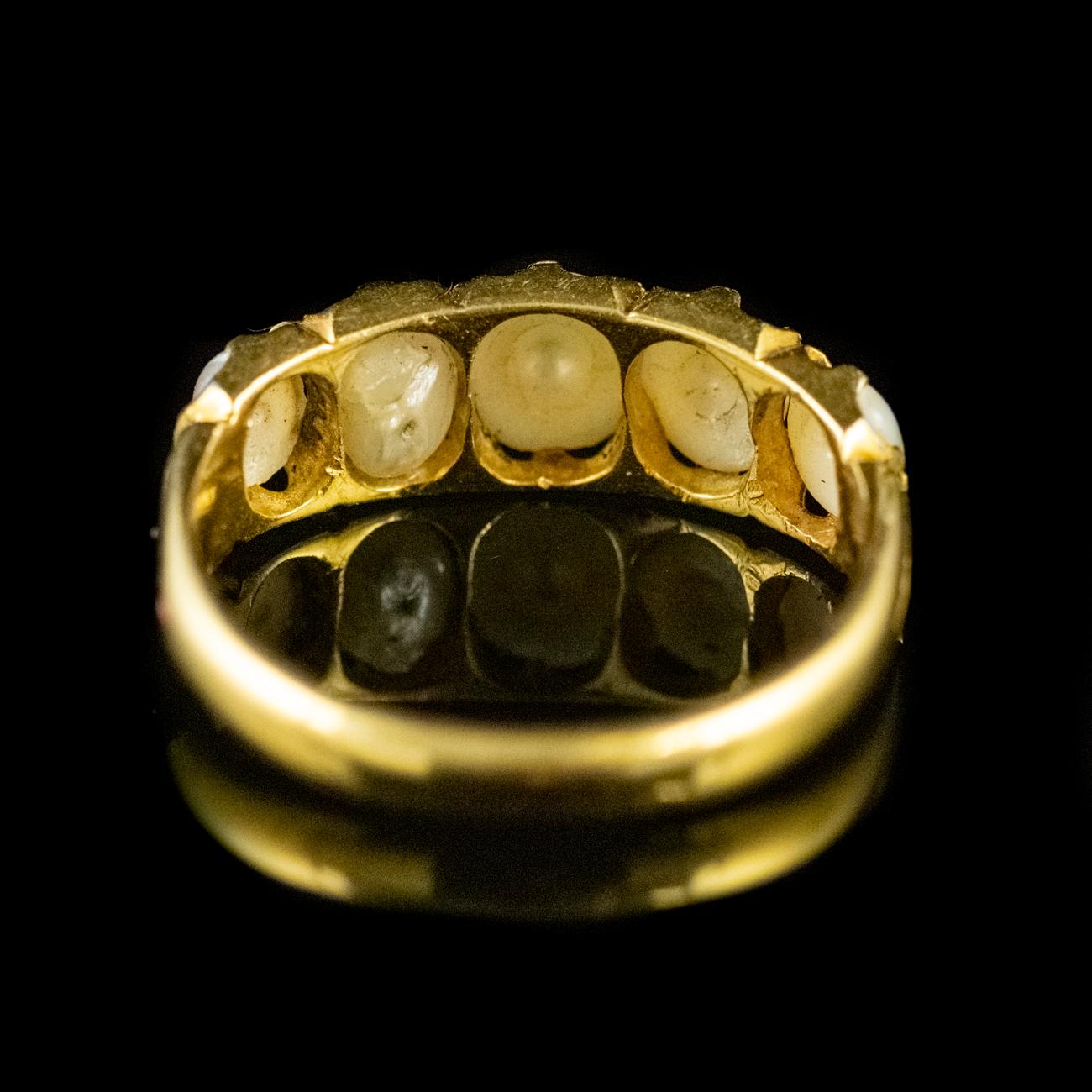 Women's Antique Victorian Natural Pearl Five-Stone Ring 18 Carat Gold, circa 1860 For Sale