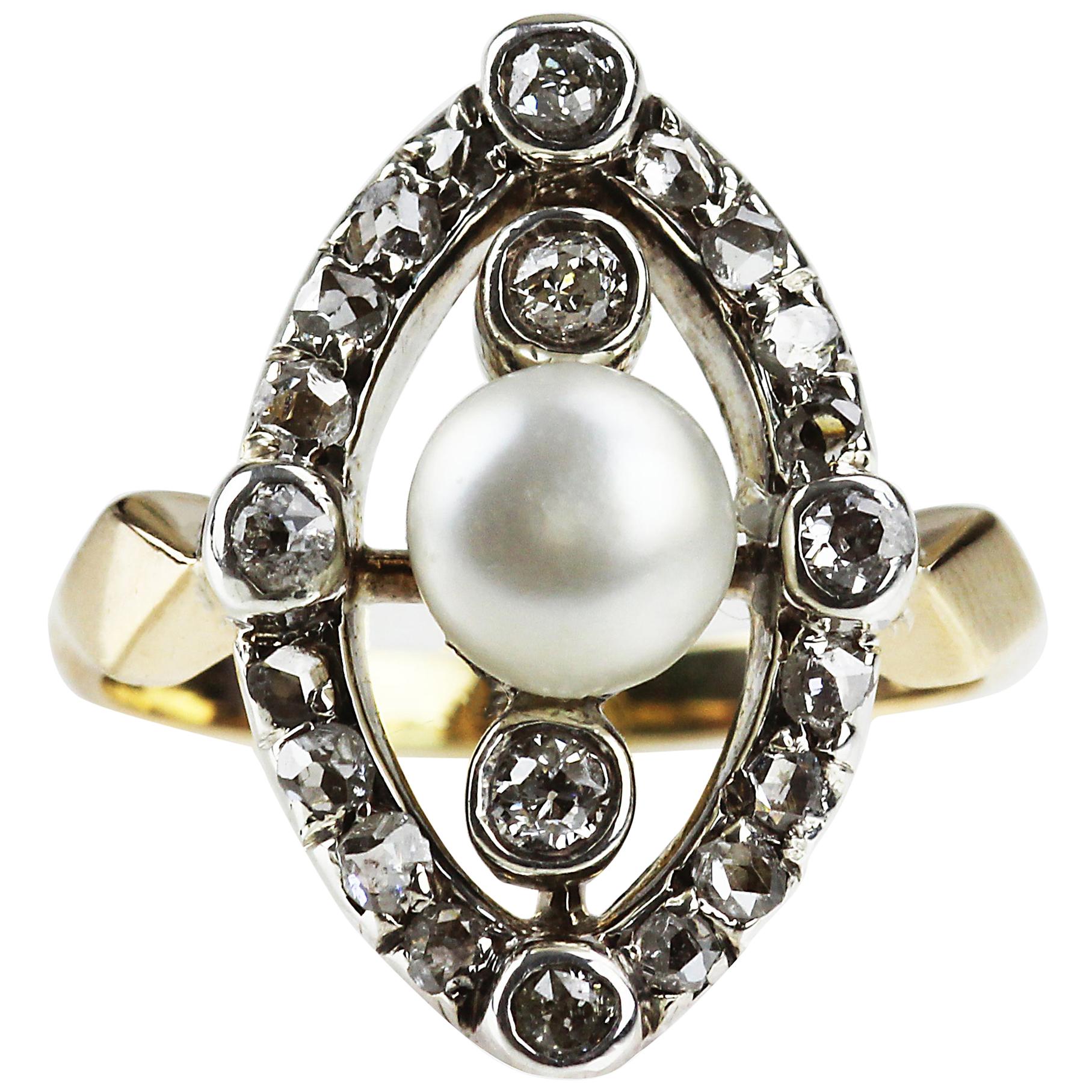 Antique, Victorian Diamond and Natural Pearl Ring, in 18K Gold & Silver