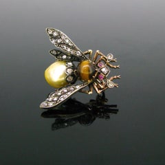 Antique Victorian Natural Pearl Tiger Eye Diamonds Bee Brooch