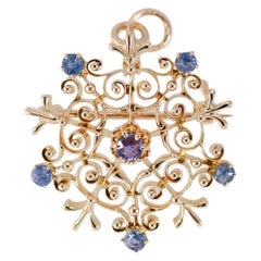 Antique Victorian Natural Sapphire Starburst Brooch/Pendant 14 Karat Yellow Gold