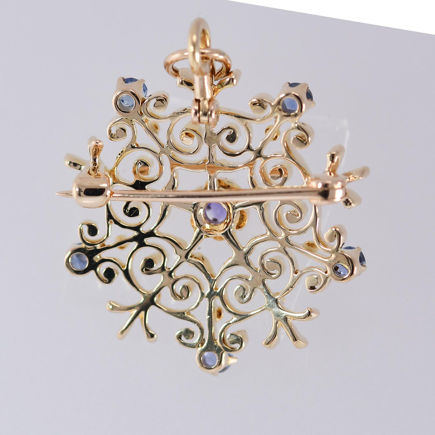 Round Cut Antique Victorian Natural Sapphire Starburst Brooch/Pendant 14 Karat Yellow Gold