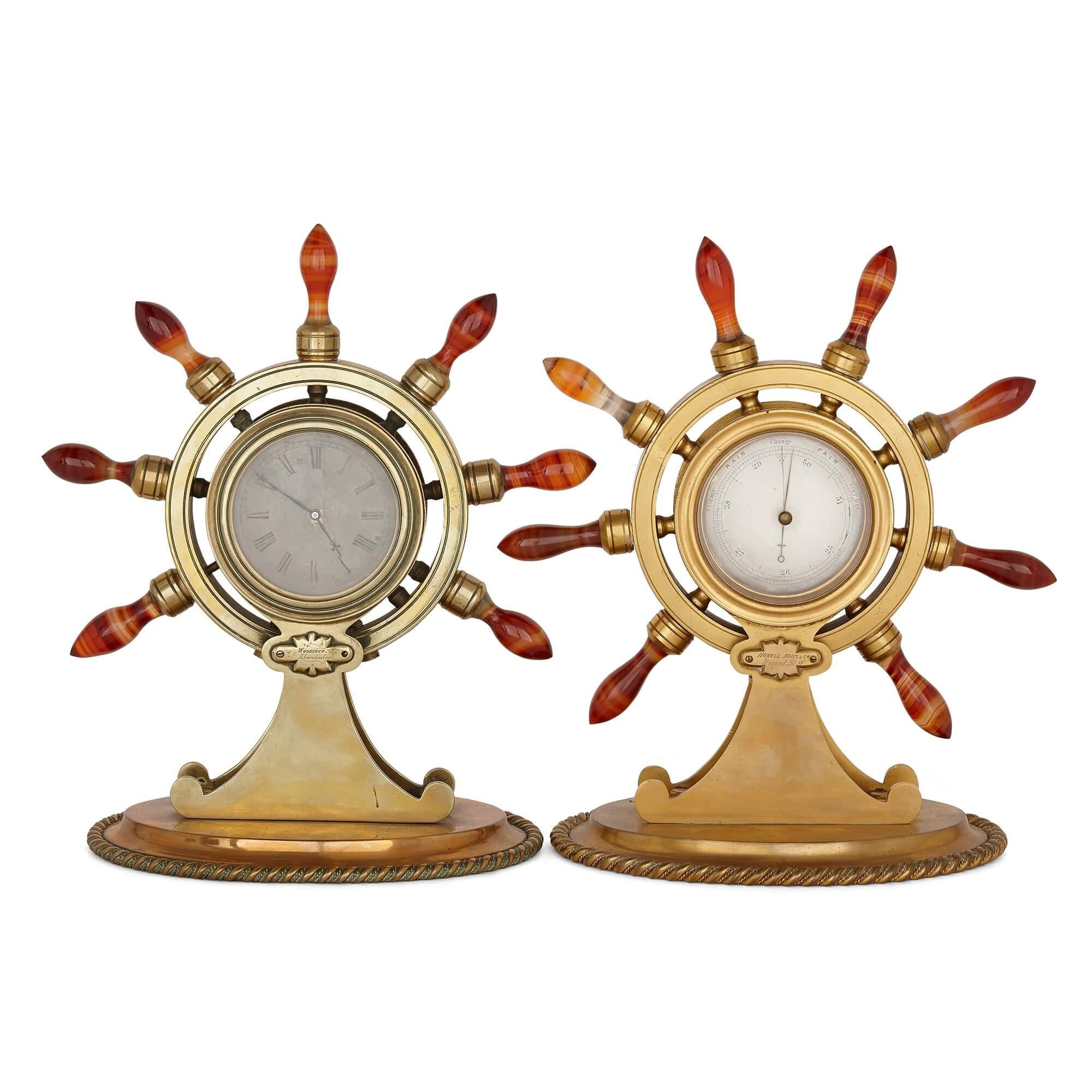 Antique Victorian nautical gilt bronze clock and barometer pair
English, 19th Century
Measures: height 25 cm, width 22 cm, depth 13.5 cm

This elegant pair, comprised of a clock and a barometer, is a fine example of Victorian decorative art. The