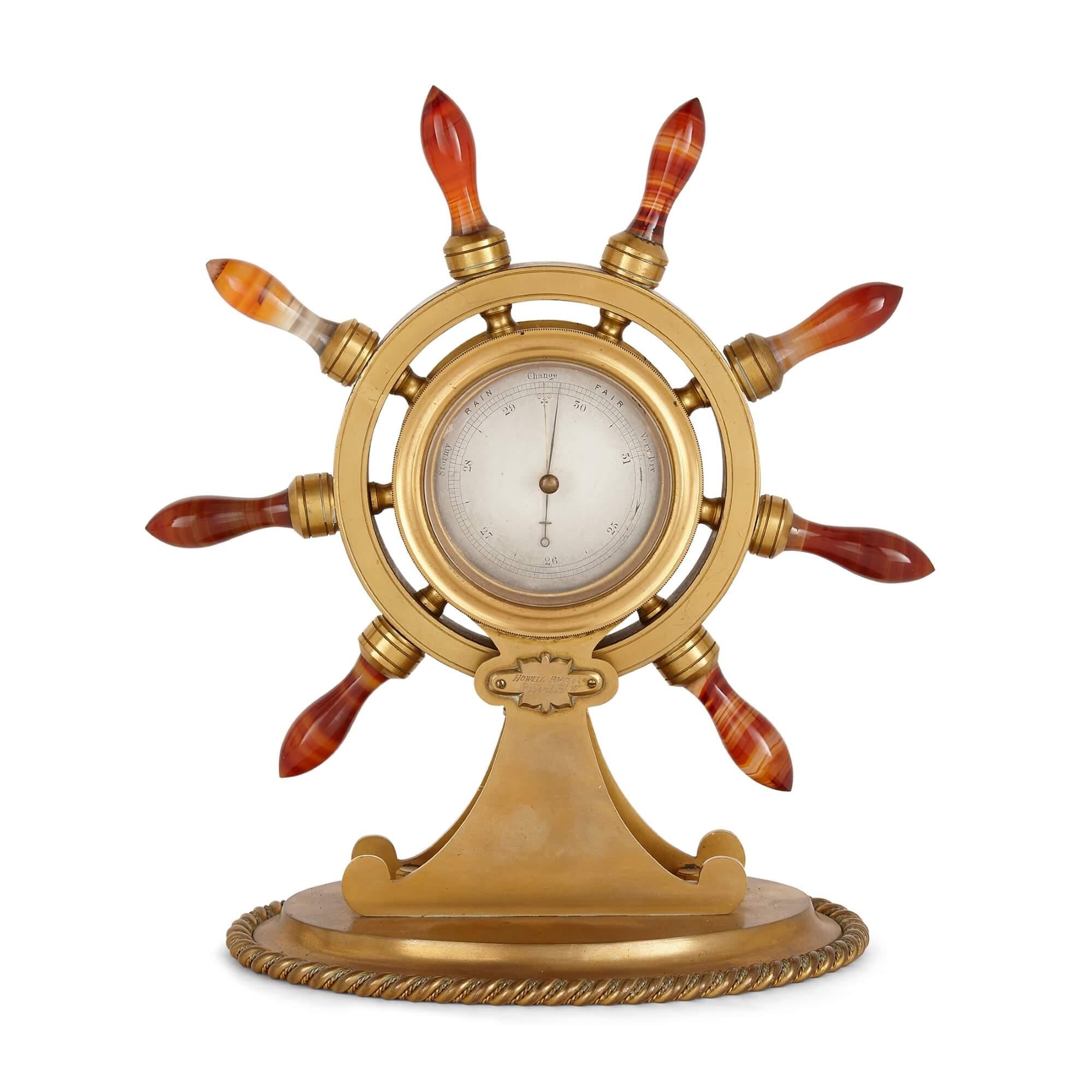 Antique Victorian Nautical Gilt Bronze Clock and Barometer Pair In Good Condition For Sale In London, GB
