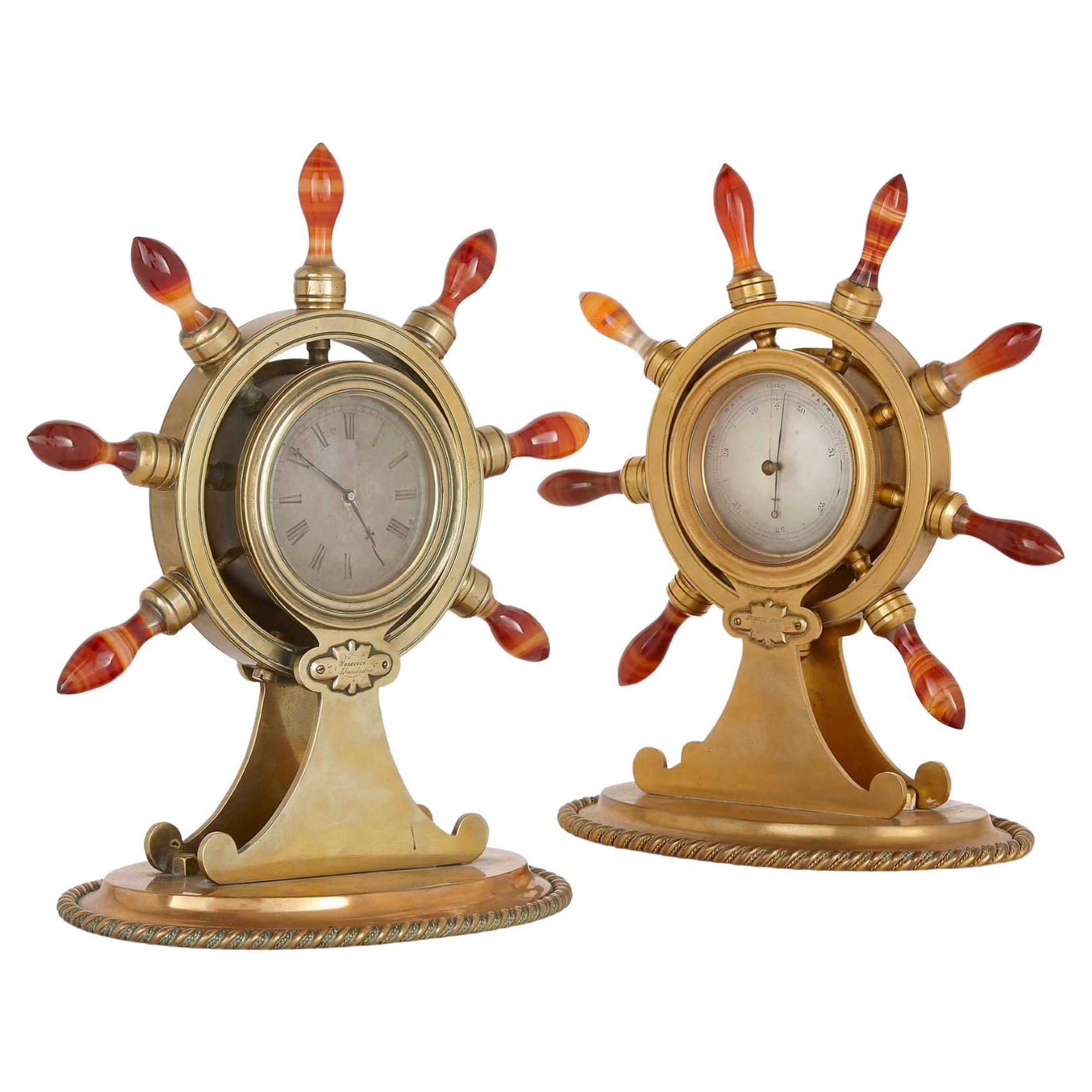 Antike viktorianische nautische Uhr und Barometer aus vergoldeter Bronze, Paar