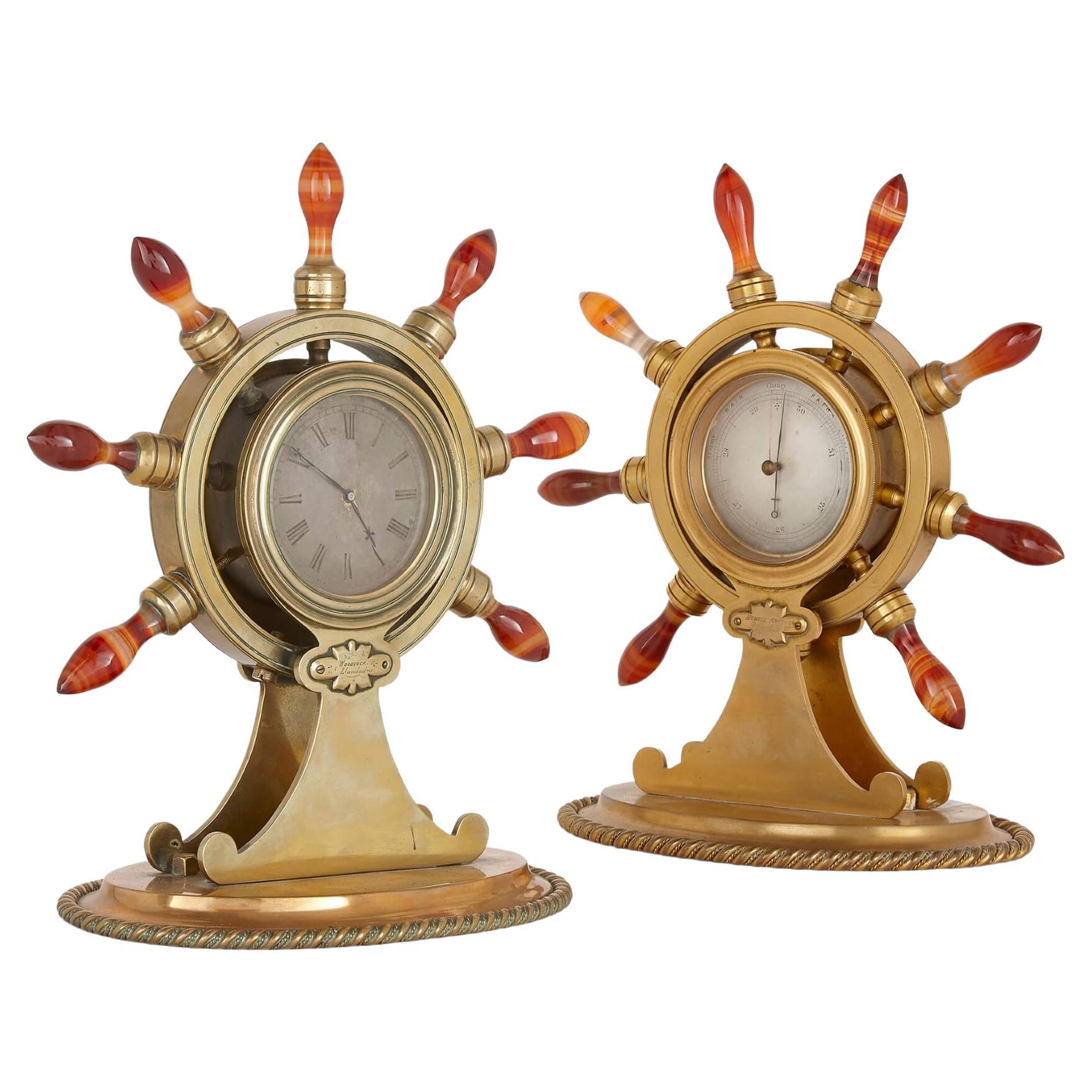 Antique Victorian Nautical Gilt Bronze Clock and Barometer Pair