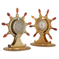Antique Victorian Nautical Gilt Bronze Clock and Barometer Pair