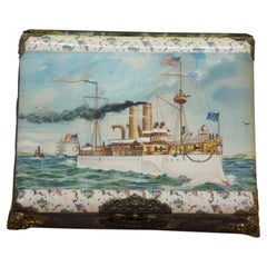 Antique Victorian Nautical Maritime USS Maine Ship Photo Album Music Box 13"