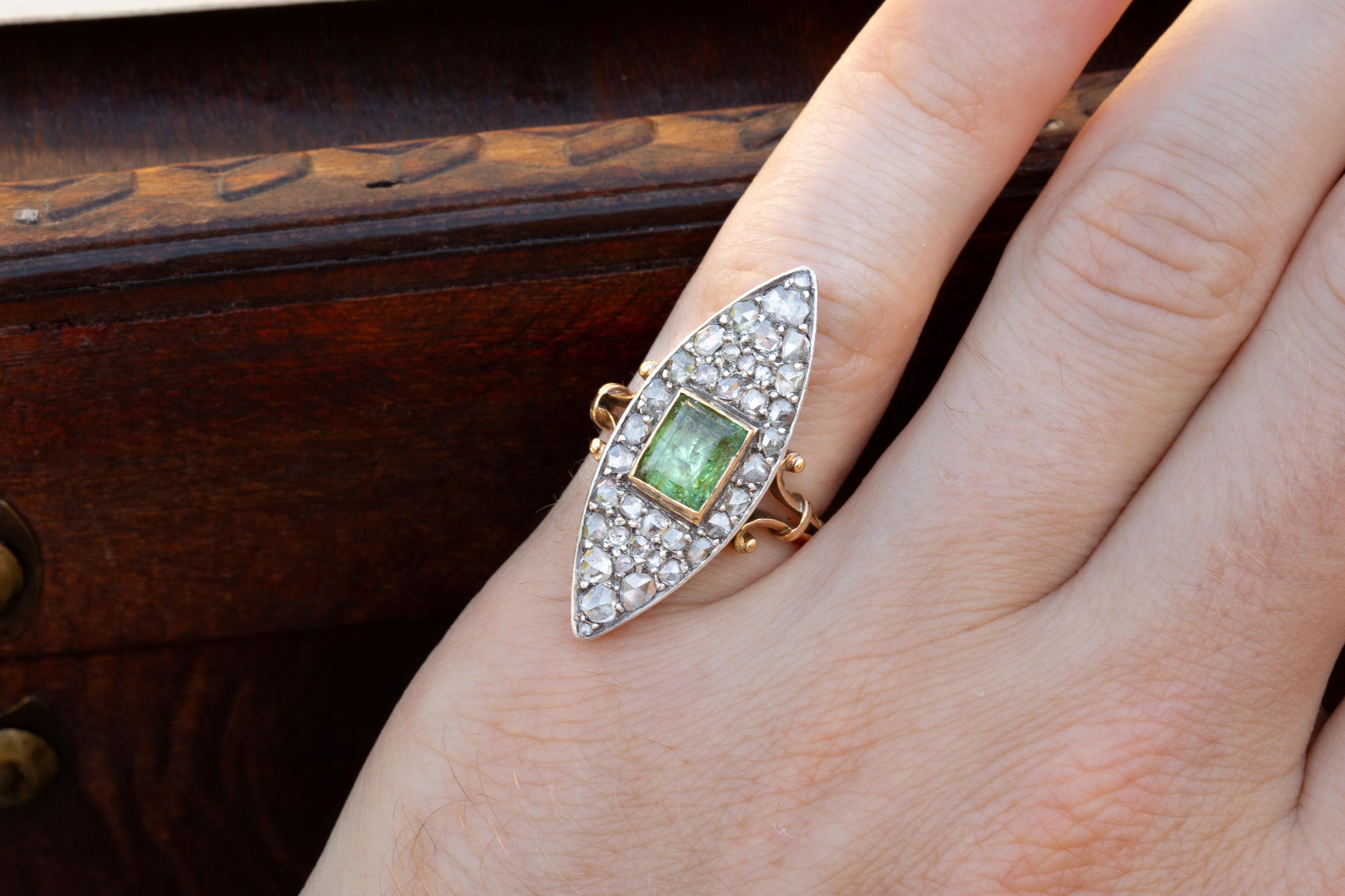 Antique Victorian Navette Cluster Ring with Green Peridot and Rose Cut Diamonds  For Sale 4