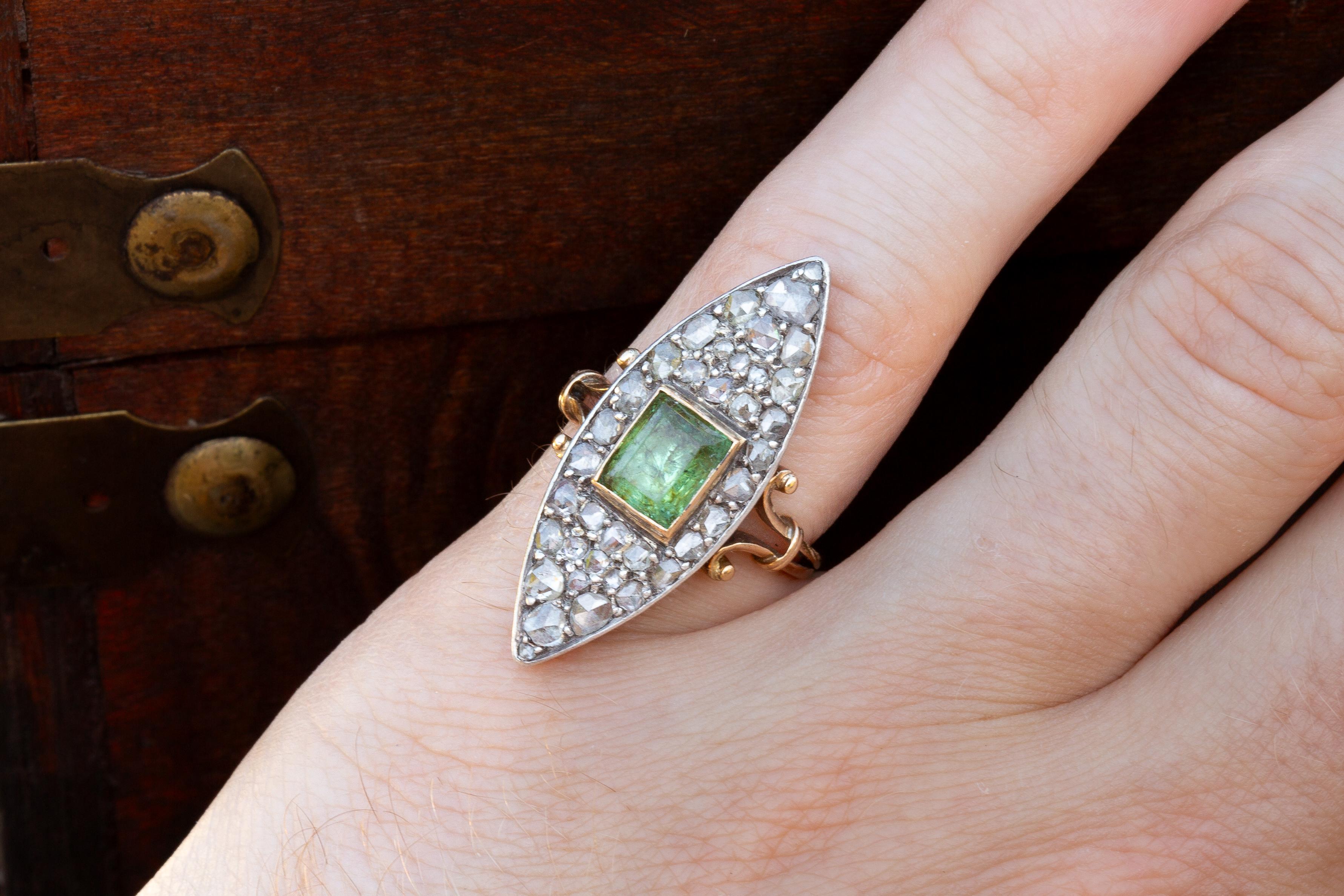 Antique Victorian Navette Cluster Ring with Green Peridot and Rose Cut Diamonds  For Sale 5