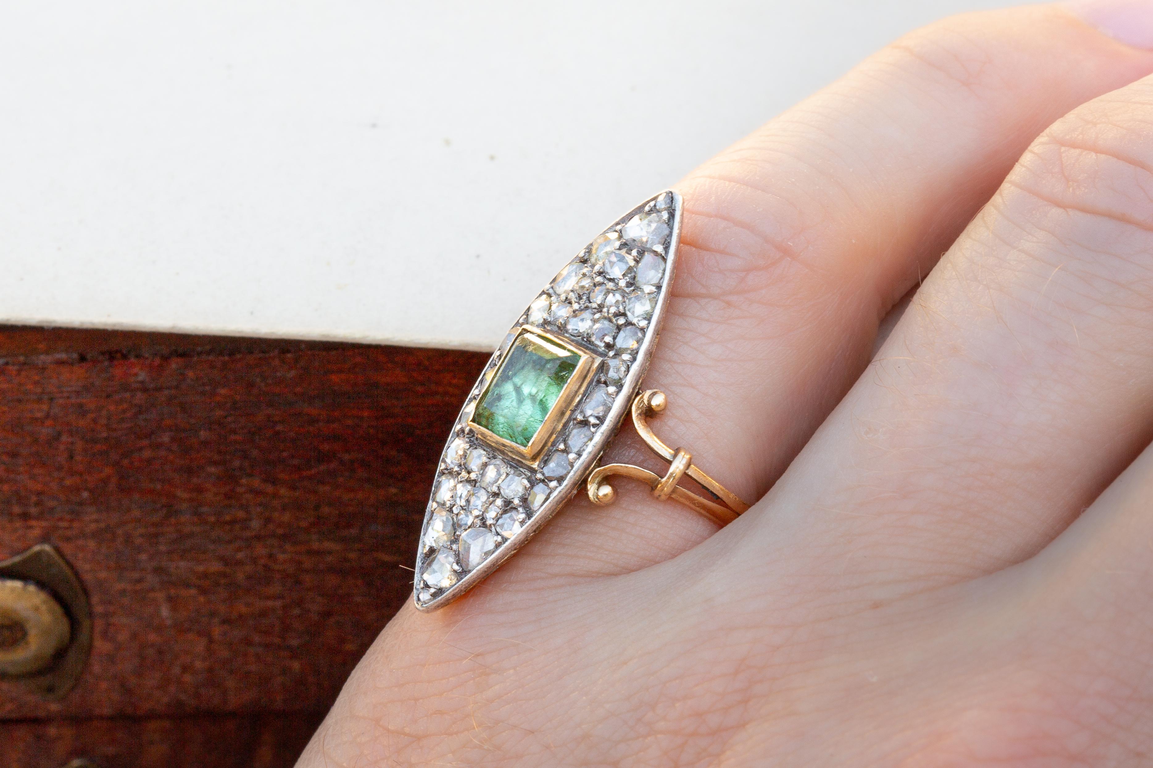 Antique Victorian Navette Cluster Ring with Green Peridot and Rose Cut Diamonds  For Sale 6