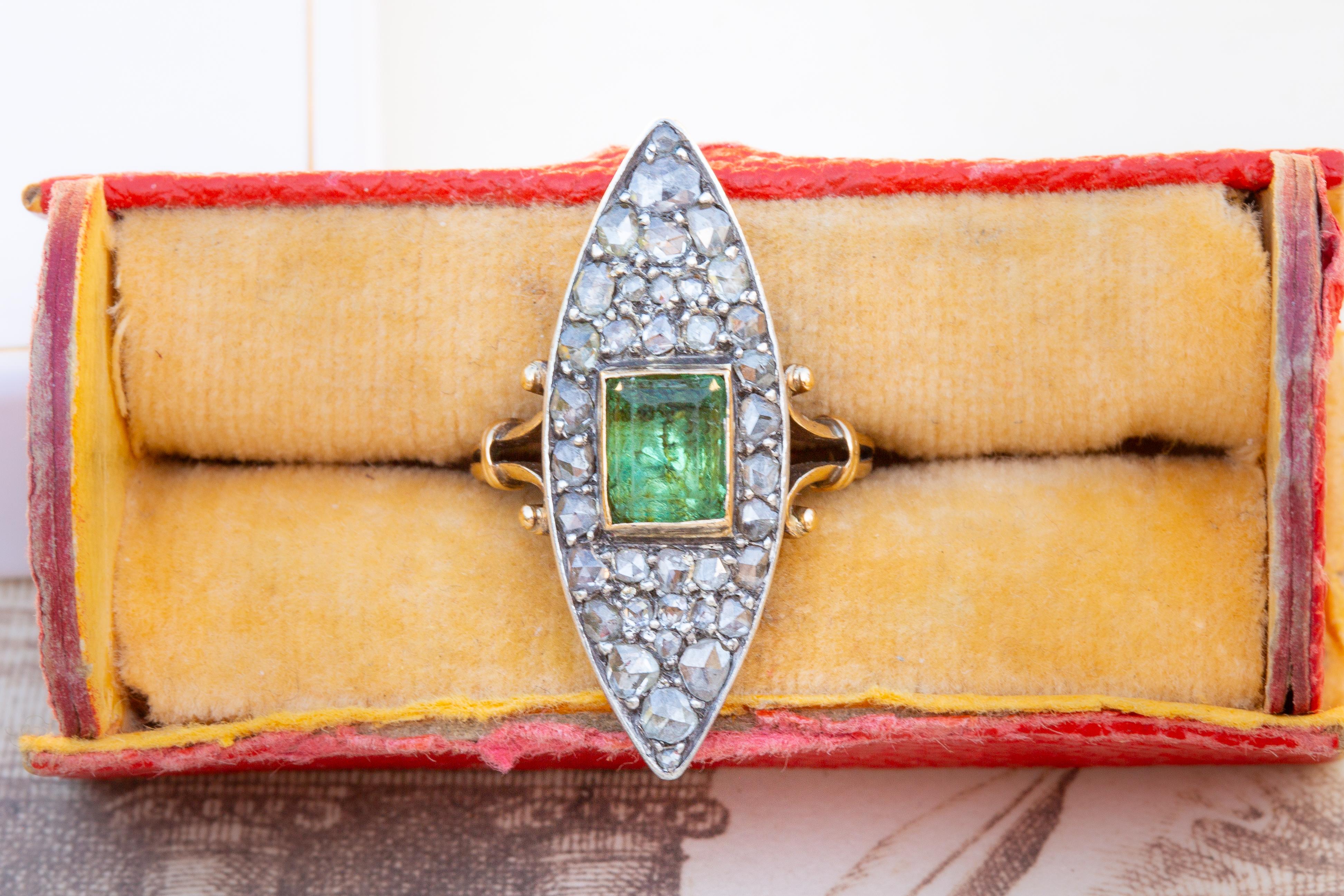 Women's or Men's Antique Victorian Navette Cluster Ring with Green Peridot and Rose Cut Diamonds  For Sale