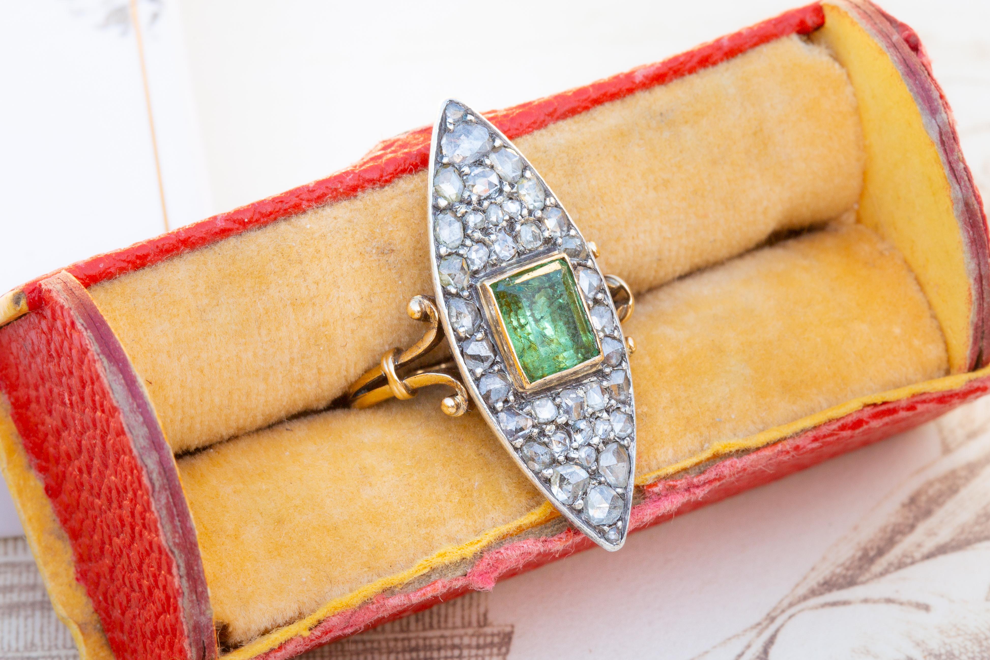 Antique Victorian Navette Cluster Ring with Green Peridot and Rose Cut Diamonds  For Sale 1