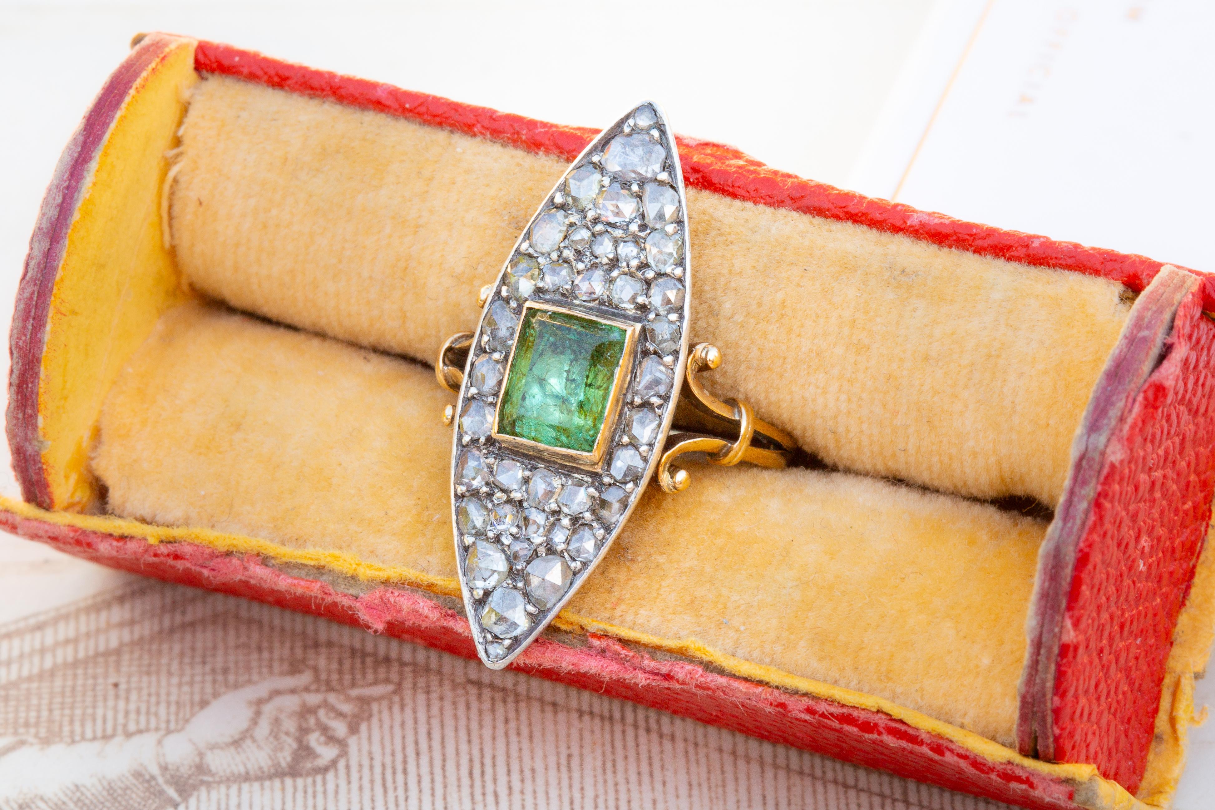 Antique Victorian Navette Cluster Ring with Green Peridot and Rose Cut Diamonds  For Sale 2