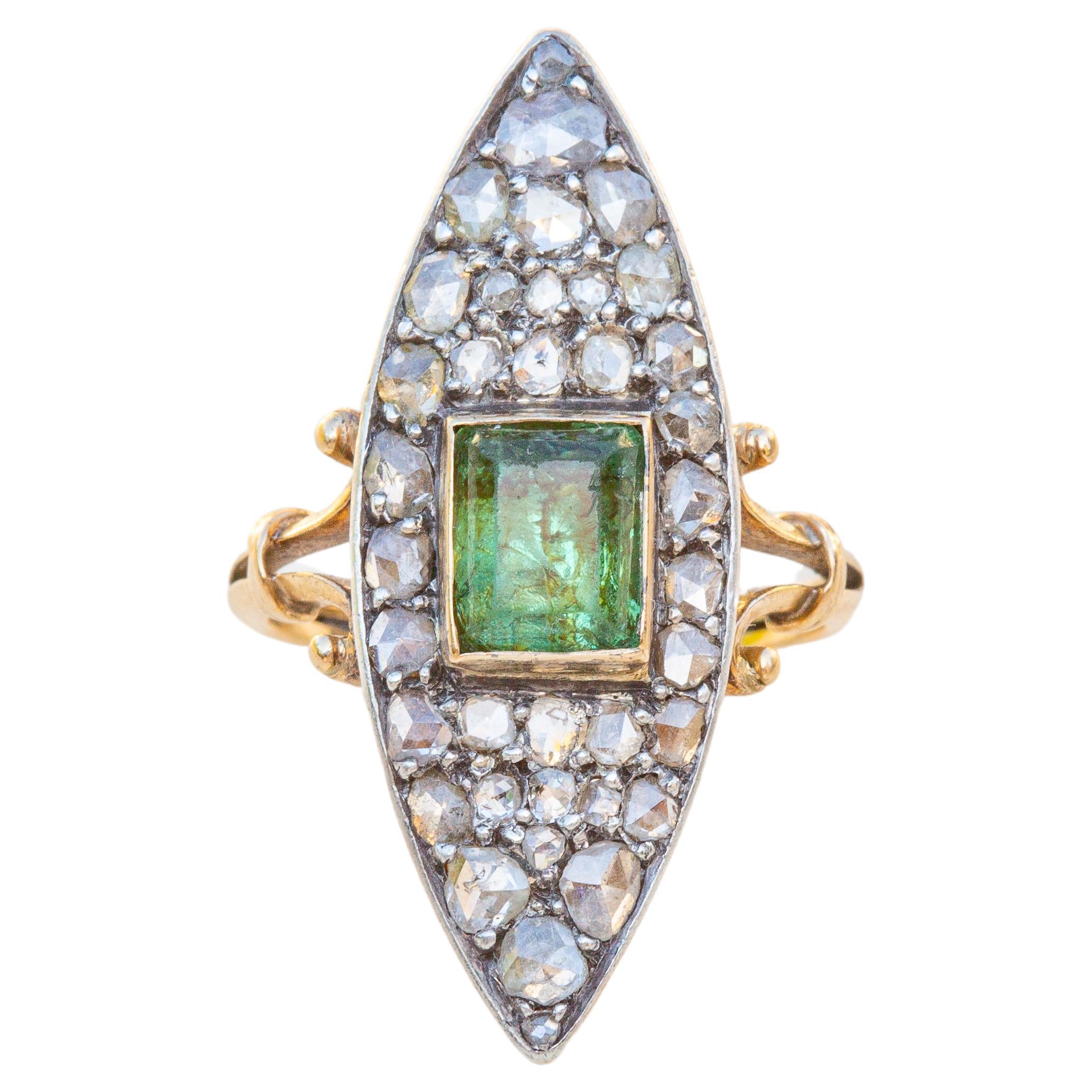 Antique Victorian Navette Cluster Ring with Green Peridot and Rose Cut Diamonds  For Sale