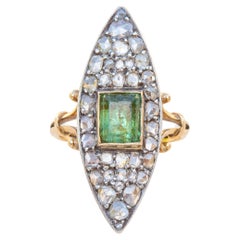 Antique Victorian Navette Cluster Ring with Green Peridot and Rose Cut Diamonds 