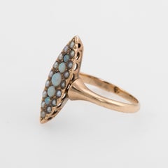 Antique Victorian Navette Pinky Ring Opal Seed Pearls Vintage 14 Karat Gold