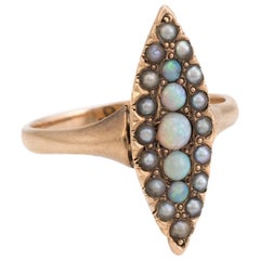 Antique Victorian Navette Pinky Ring Opal Seed Pearls Vintage 14 Karat Gold