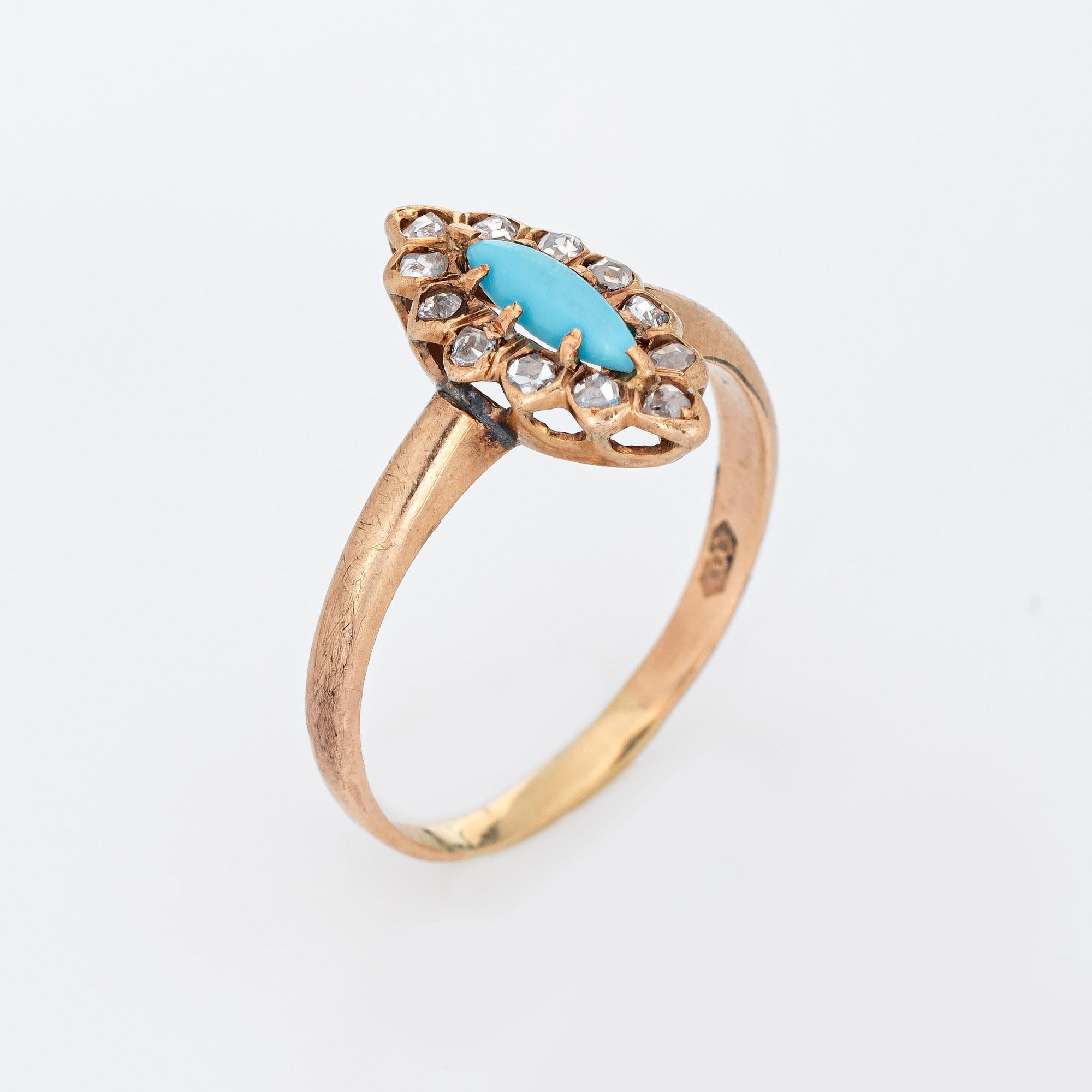 Finely detailed antique Victorian turquoise & diamond ring (circa 1880s to 1900s), crafted in 14k rose gold. 

Cabochon cut turquoise measures 8mm x 2.5mm (estimated at 0.25 carats). A total of 12 estimated 0.02 carat old rose cut diamonds total an