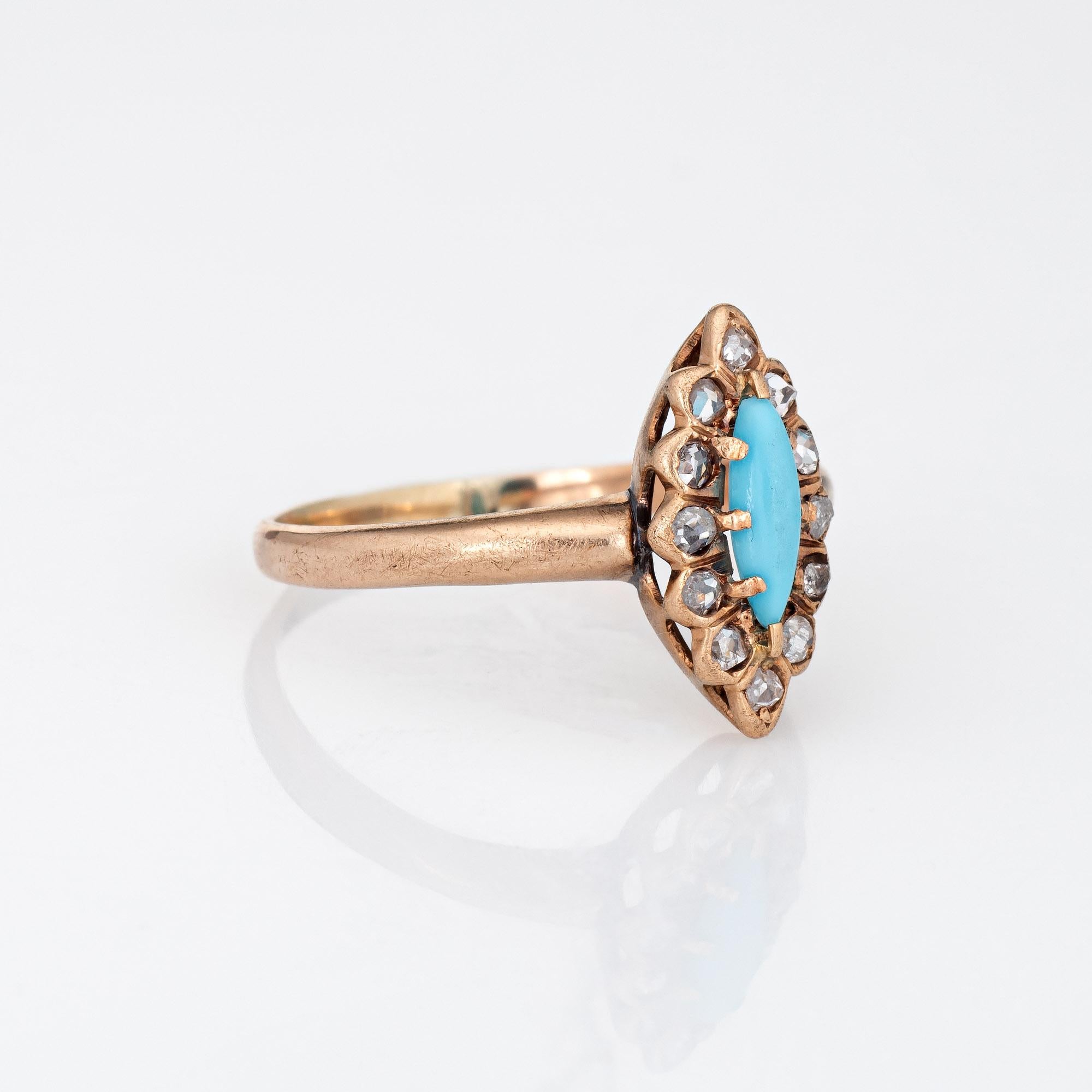 Antique Victorian Navette Ring Old Rose Cut Diamond Turquoise 14k Gold Vintage In Good Condition For Sale In Torrance, CA