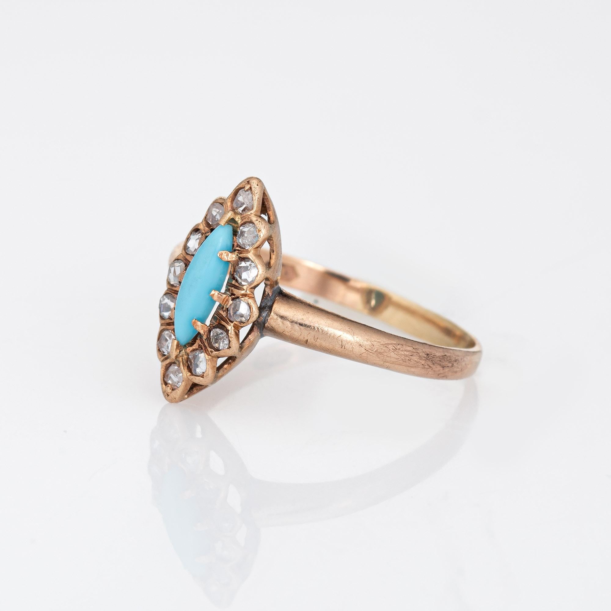 Women's Antique Victorian Navette Ring Old Rose Cut Diamond Turquoise 14k Gold Vintage For Sale