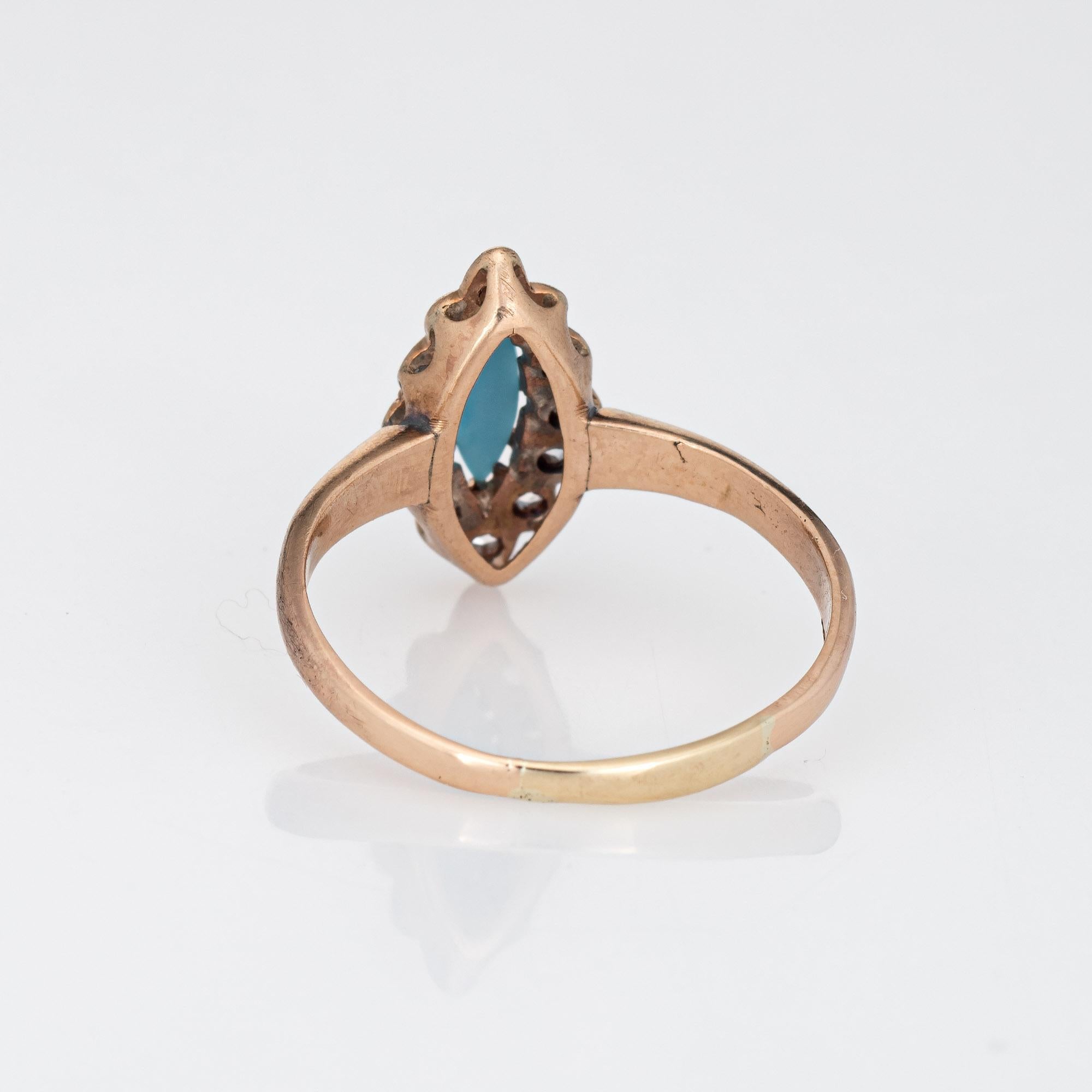 Antique Victorian Navette Ring Old Rose Cut Diamond Turquoise 14k Gold Vintage For Sale 1