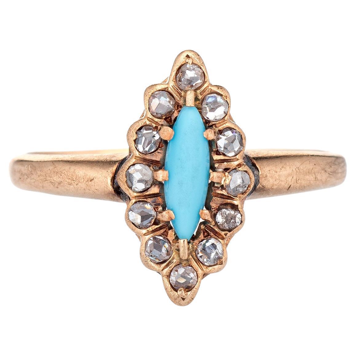 Antique Victorian Navette Ring Old Rose Cut Diamond Turquoise 14k Gold Vintage For Sale