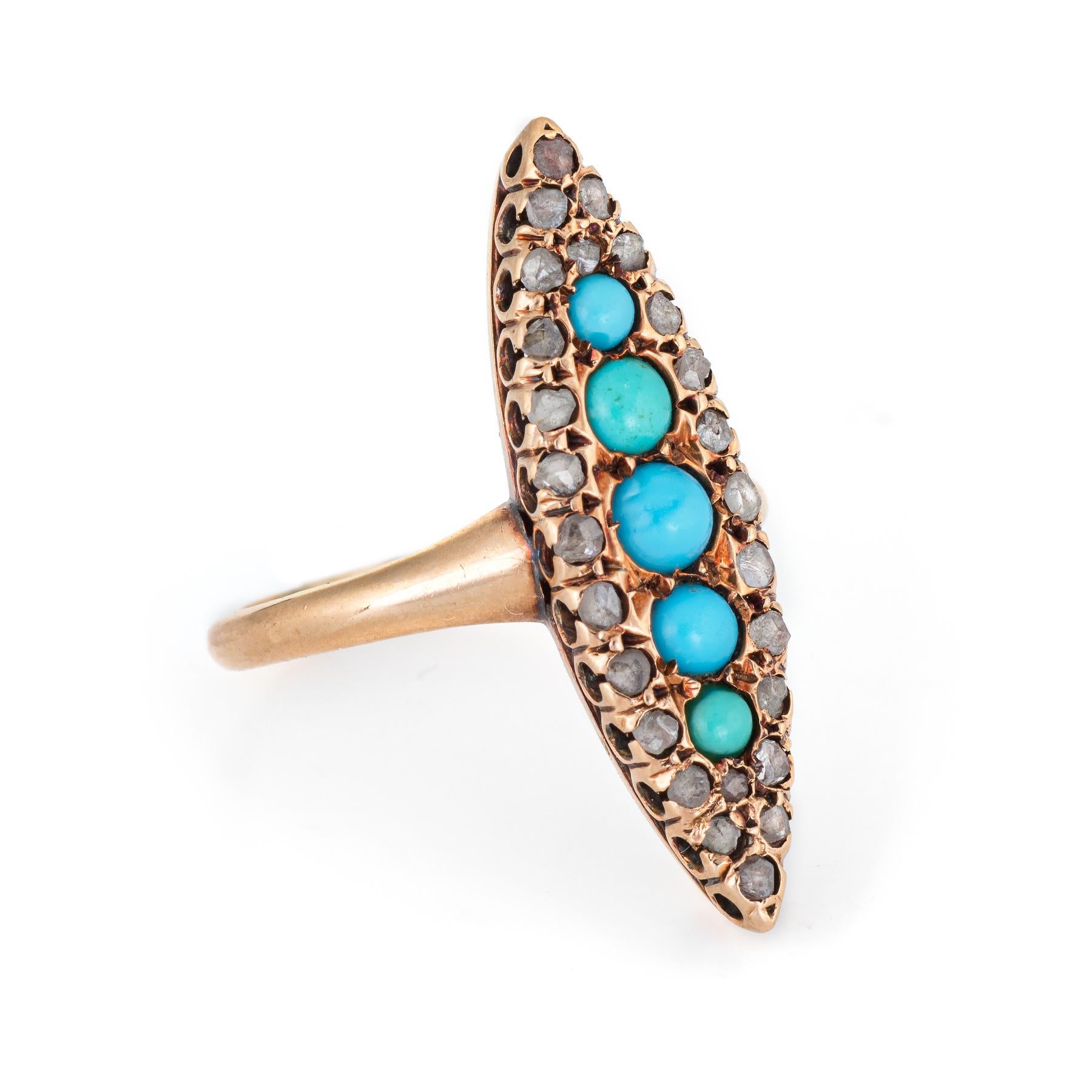 Antique Victorian Navette Ring Persian Turquoise Rose Cut Diamond 10k Gold 5.25 In Good Condition In Torrance, CA