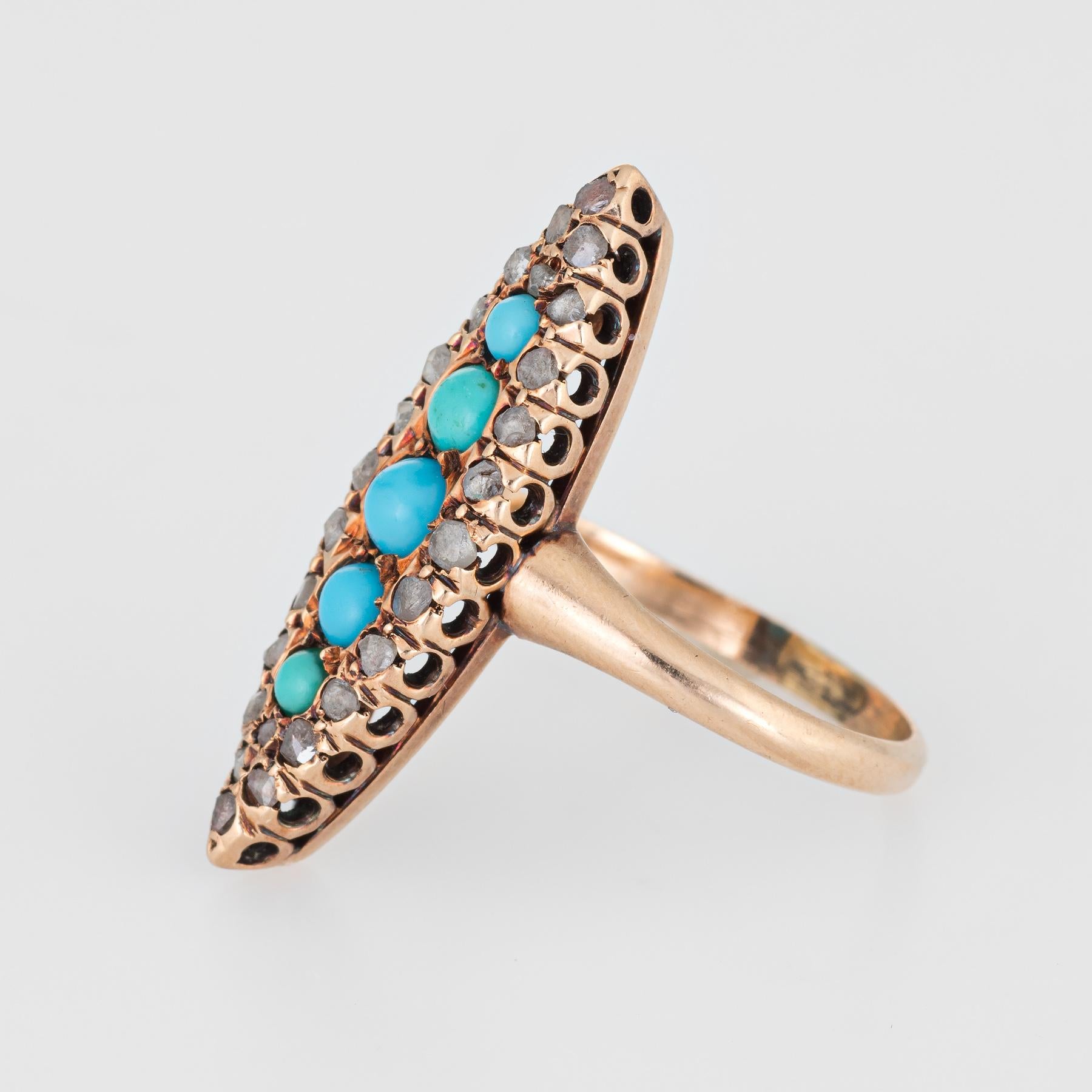 Antique Victorian Navette Ring Persian Turquoise Rose Cut Diamond 10k Gold 5.25 In Good Condition In Torrance, CA