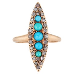 Antique Victorian Navette Ring Persian Turquoise Rose Cut Diamond 10k Gold 5.25