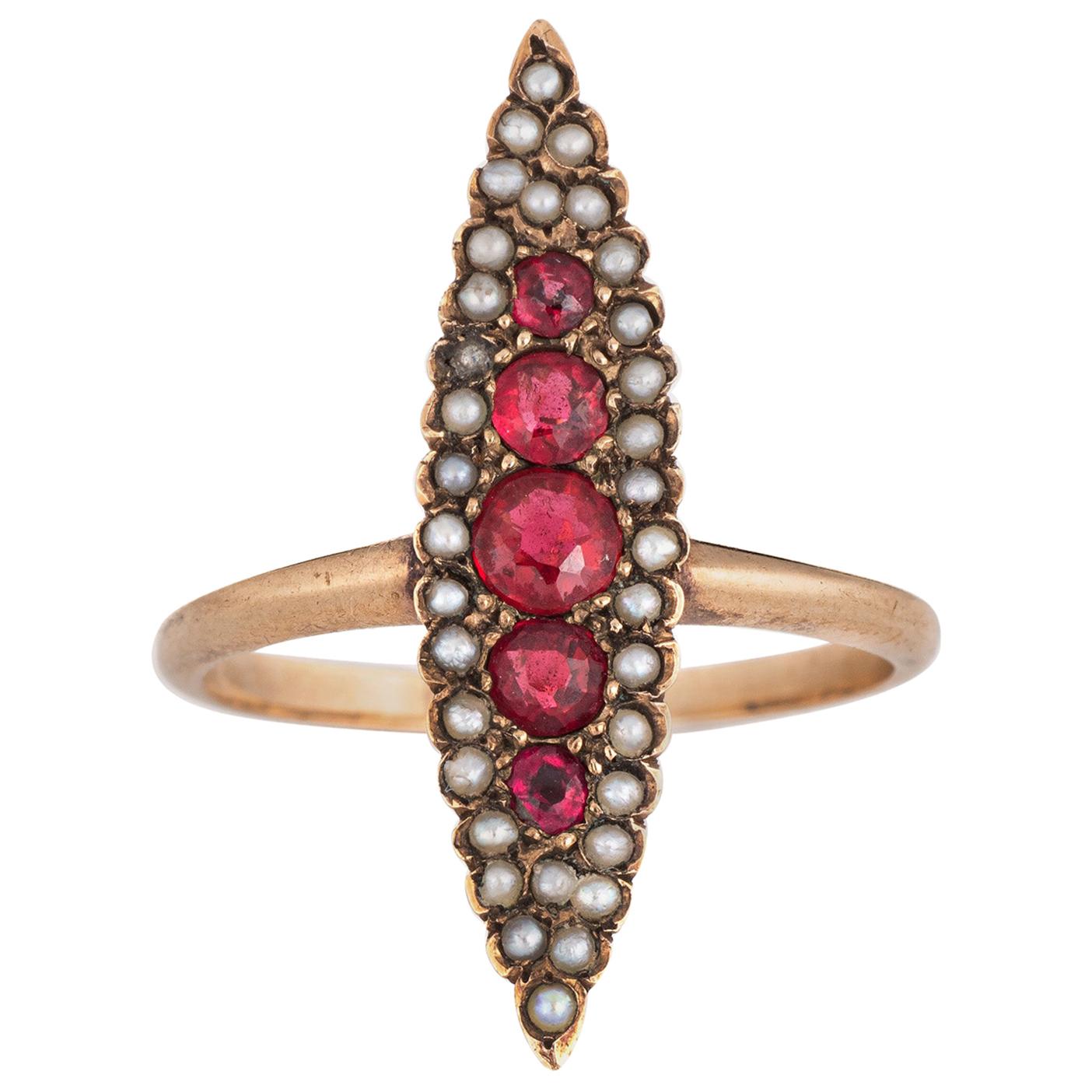 Antique Victorian Navette Ring Ruby Doublet Seed Pearl 14 Karat Gold Vintage