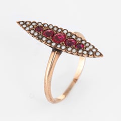 Antique Victorian Navette Ring Ruby Doublet Seed Pearl 14 Karat Gold Vintage