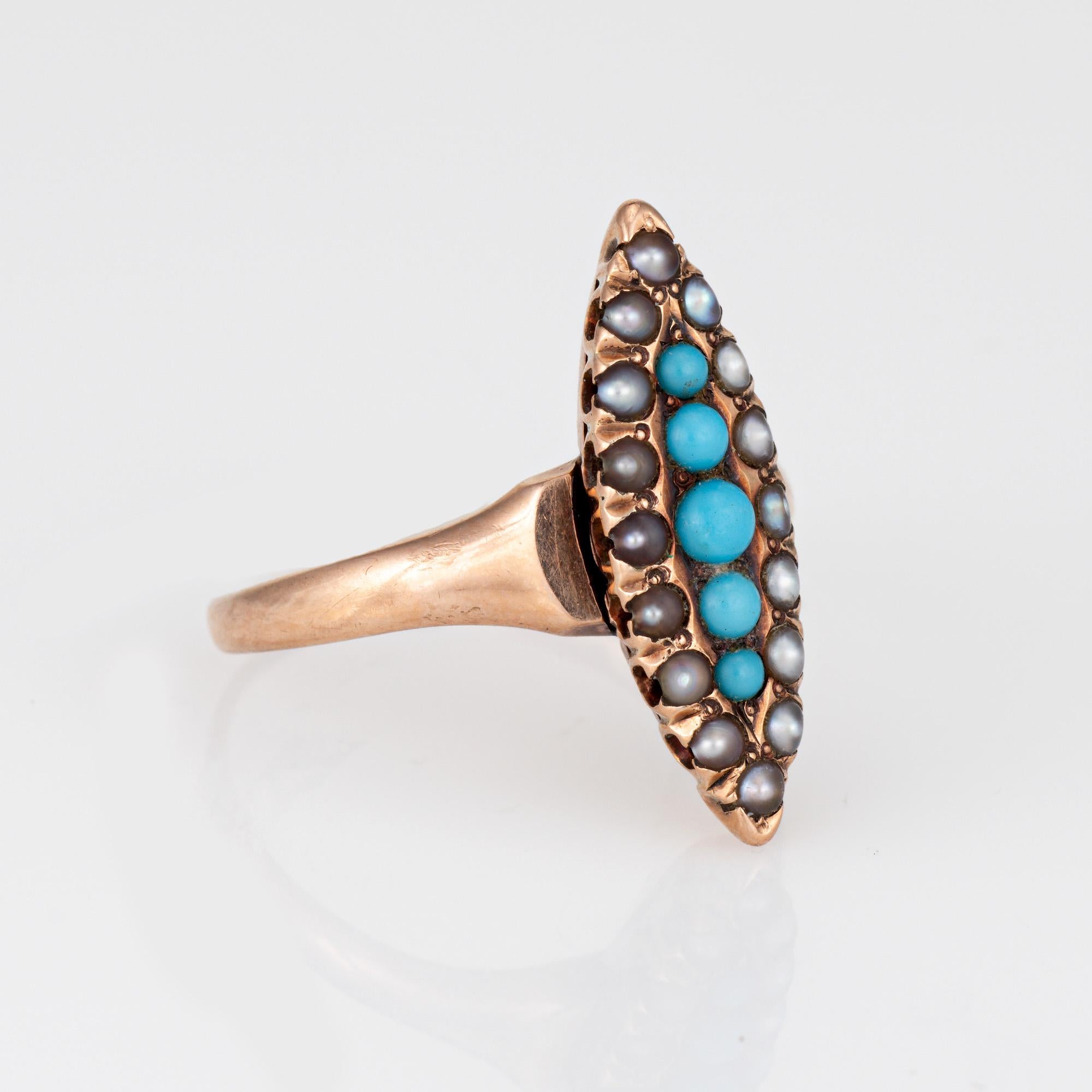 Cabochon Antique Victorian Navette Ring Turquoise Seed Pearl 10k Yellow Gold Sz 5.75 For Sale